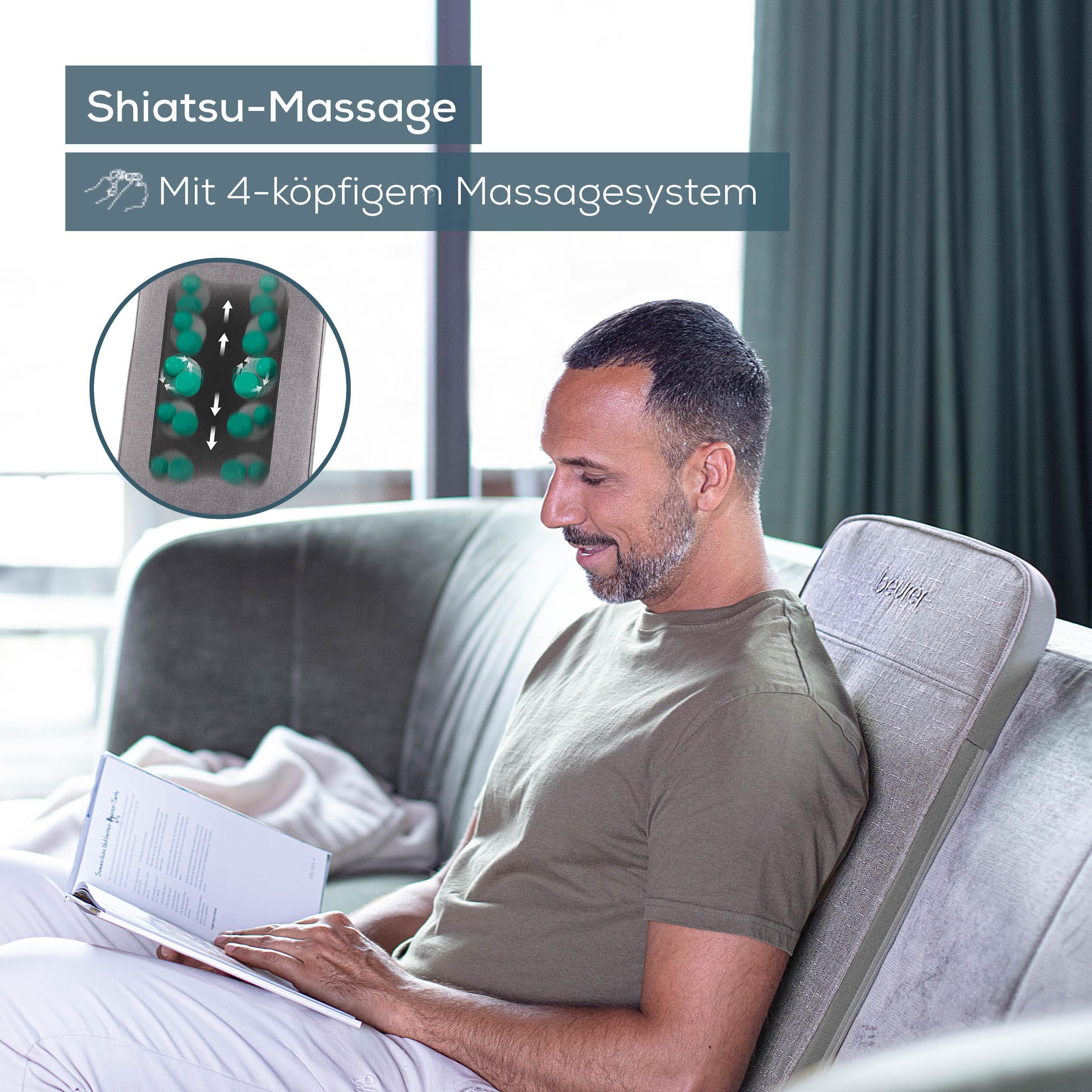 Beurer MG 202 Shiatsu-Massagesitzauflage, Shiatsu-Massage für zu Hause und im Büro, 2 Intensitätsstufen, schmales Rückengehäuse, für Sessel, Sofas und Bürostühle geeignet, modernes Design, hellgrau