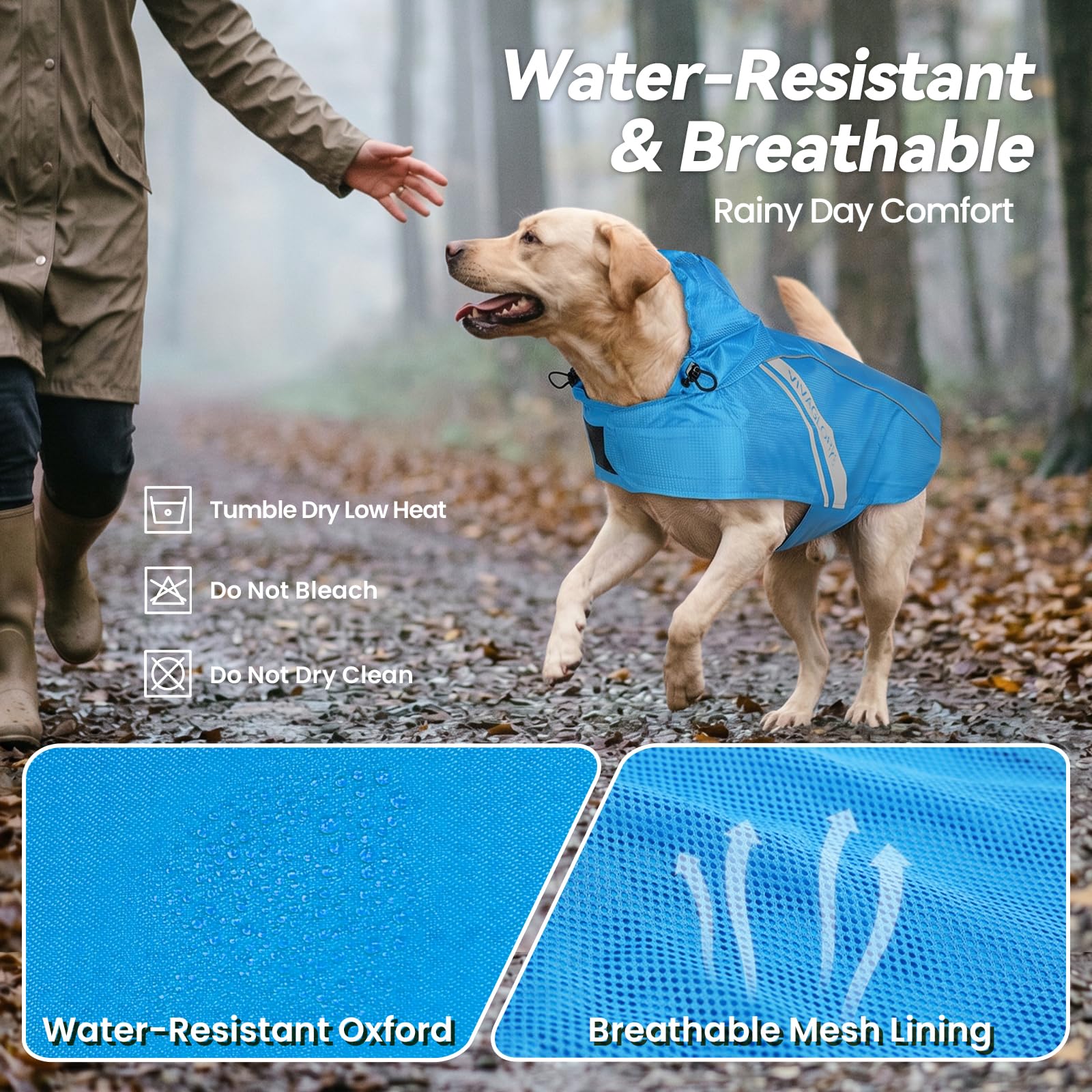 VIVAGLORY Impermeable para Perros Medianos, Ropa de Lluvia Fácil de Poner y Quitar, Chaleco de Seguridad Reflectante, Transpirable y Ligero para Perros, Azul