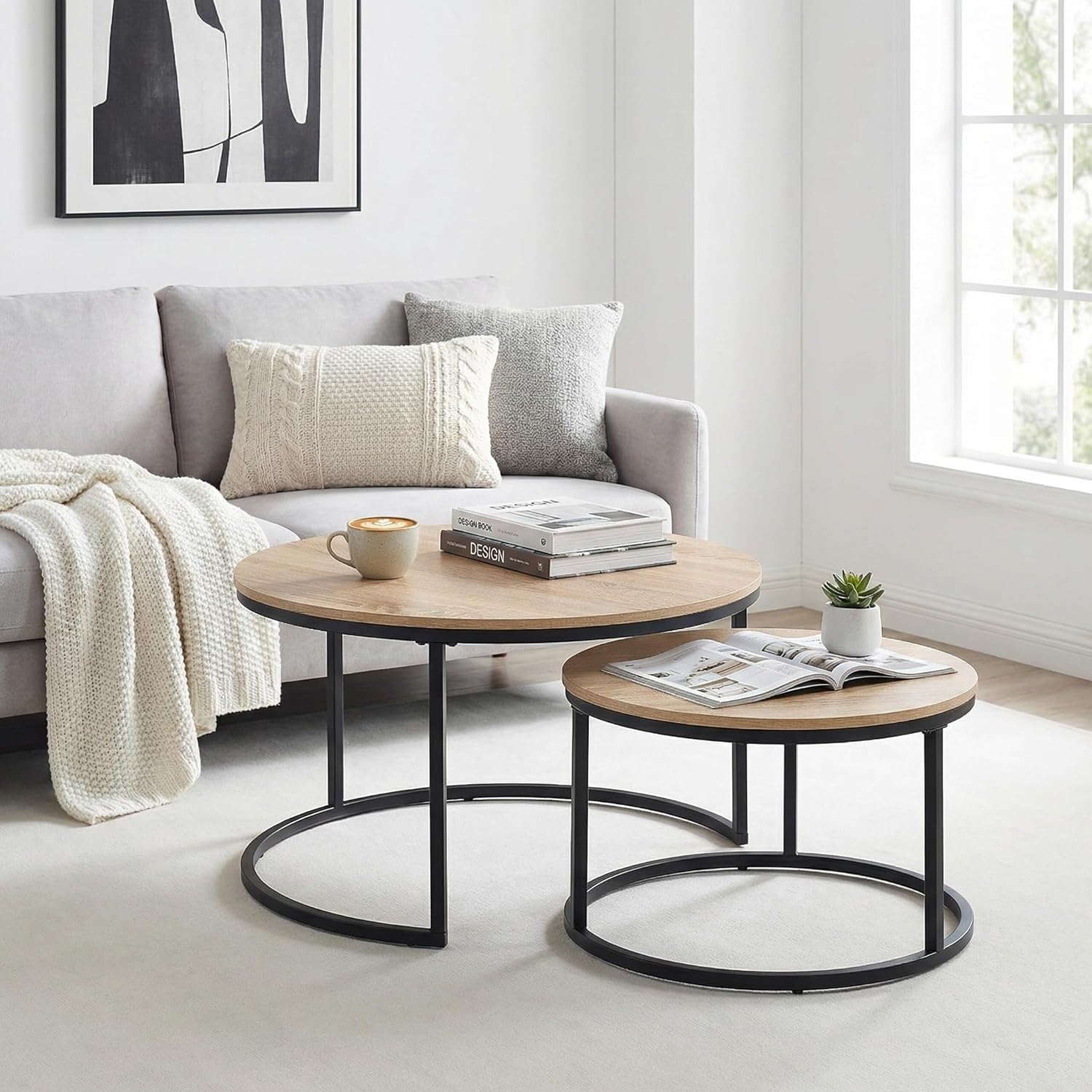 CENSI Round Nesting Coffee Table Set of 2, 31.5" Natural Oak Wood & Metal Frame, Modern Industrial Stacking Center Tables for Living Room, Scandi Boho Decor, Sturdy Circle Accent Furniture