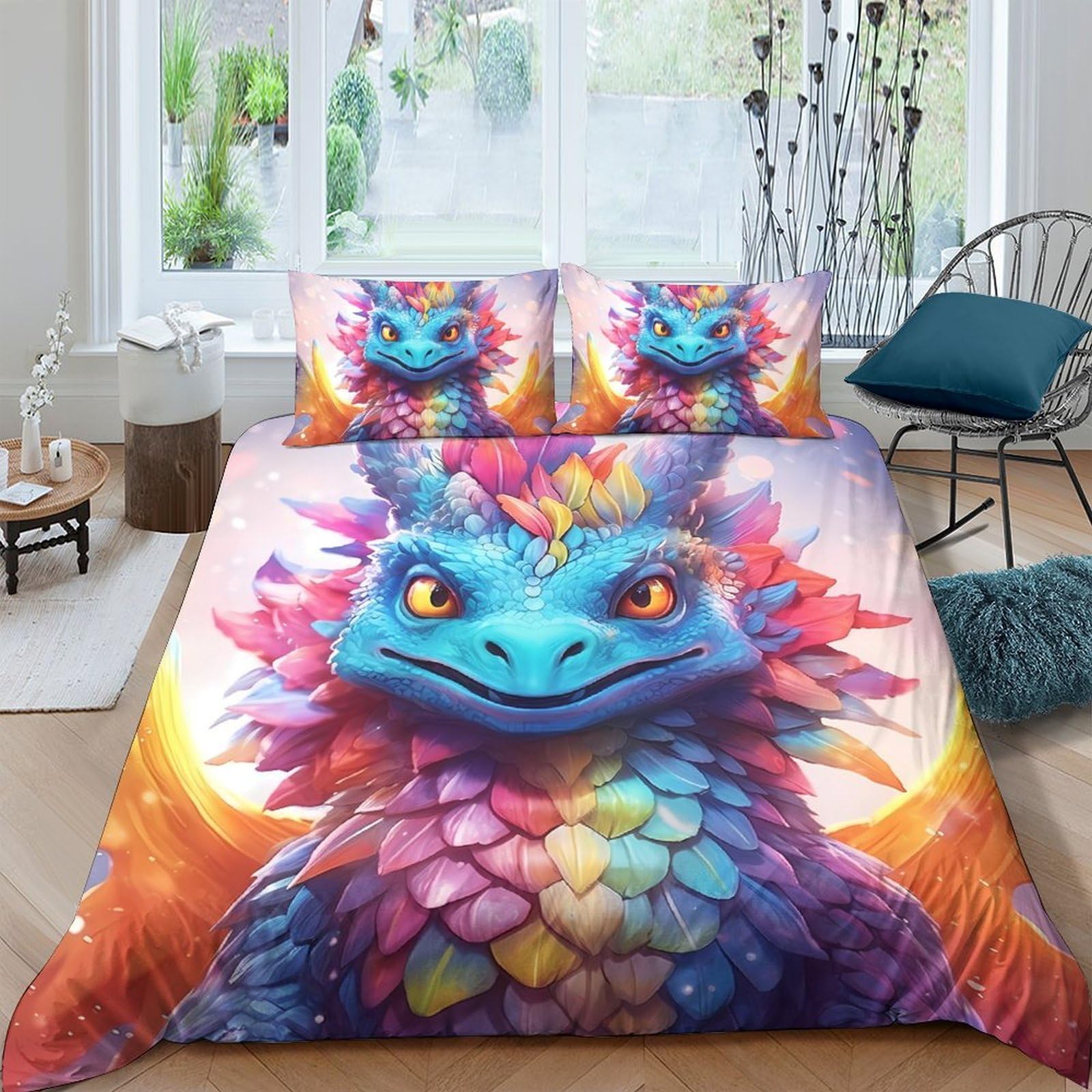 Ctjqhvkz Style-8 3D Printed Colorful Dragon Fitted Sheet Microfiber Soft Anti-Slip Rainbow Fantasy Bed Cover For Bedroom Guest Room Single（135X200cm）