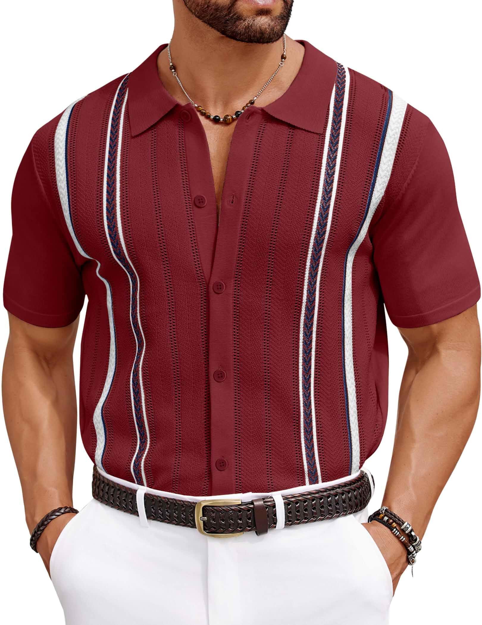 COOFANDY Knit Shirts for Men Casual Short Sleeve Button Down Shirts Summer Beach Stretch Fit Collared Shirts Short Sleeve