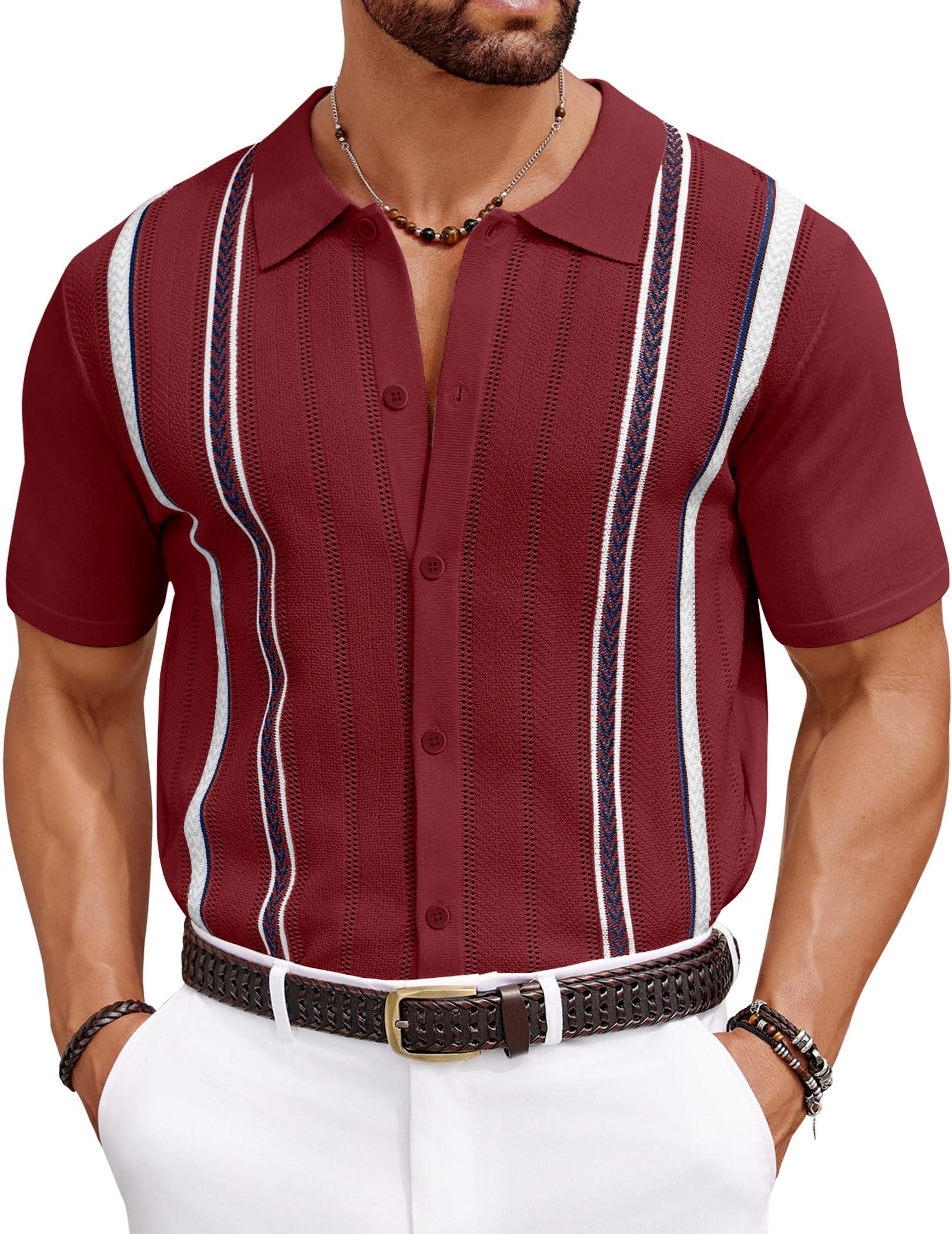 Knit Shirts for Men Casual Short Sleeve Button Down Shirts Summer Beach Stretch Fit Collared Shirts