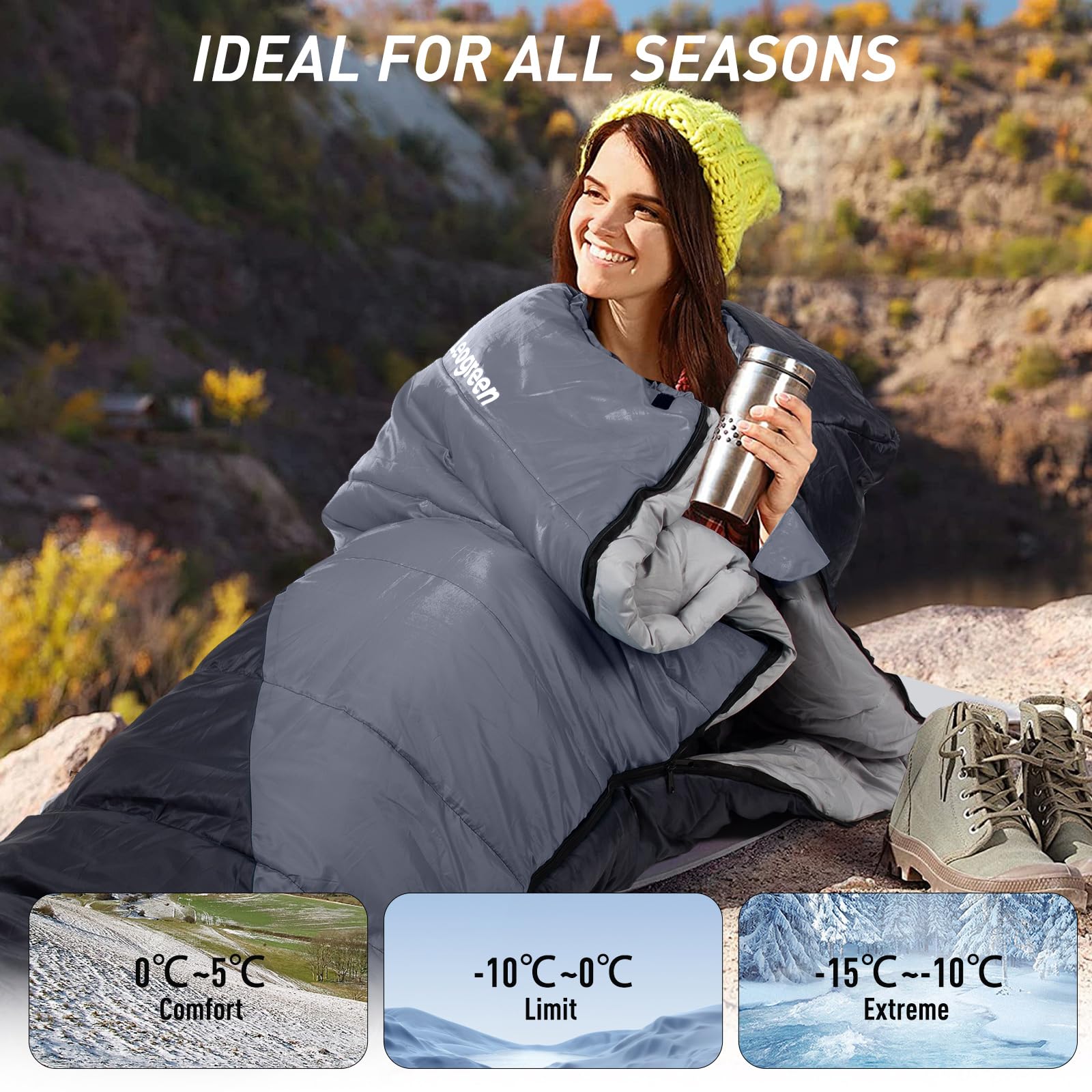 Leogreen Saco Dormir Pluma 210 cm, -15℃~5℃ 3-4 Estaciones | Extra Cálido, Tipo Mumia, Ideal para Camping, Trekking y Alta Montaña