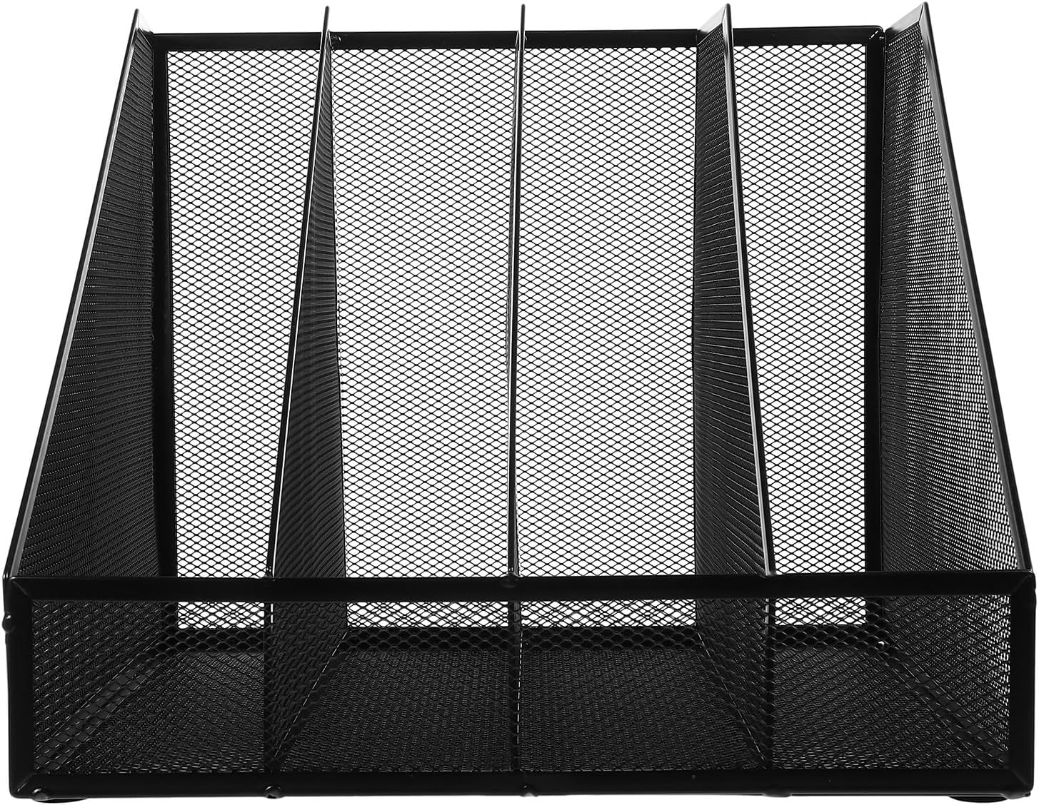 Metal Mesh File Organizer Rack for Desk, A4 Document Sorter with Four Compartments, Black Desktop Paper Storage Shelf for Office and Home Use