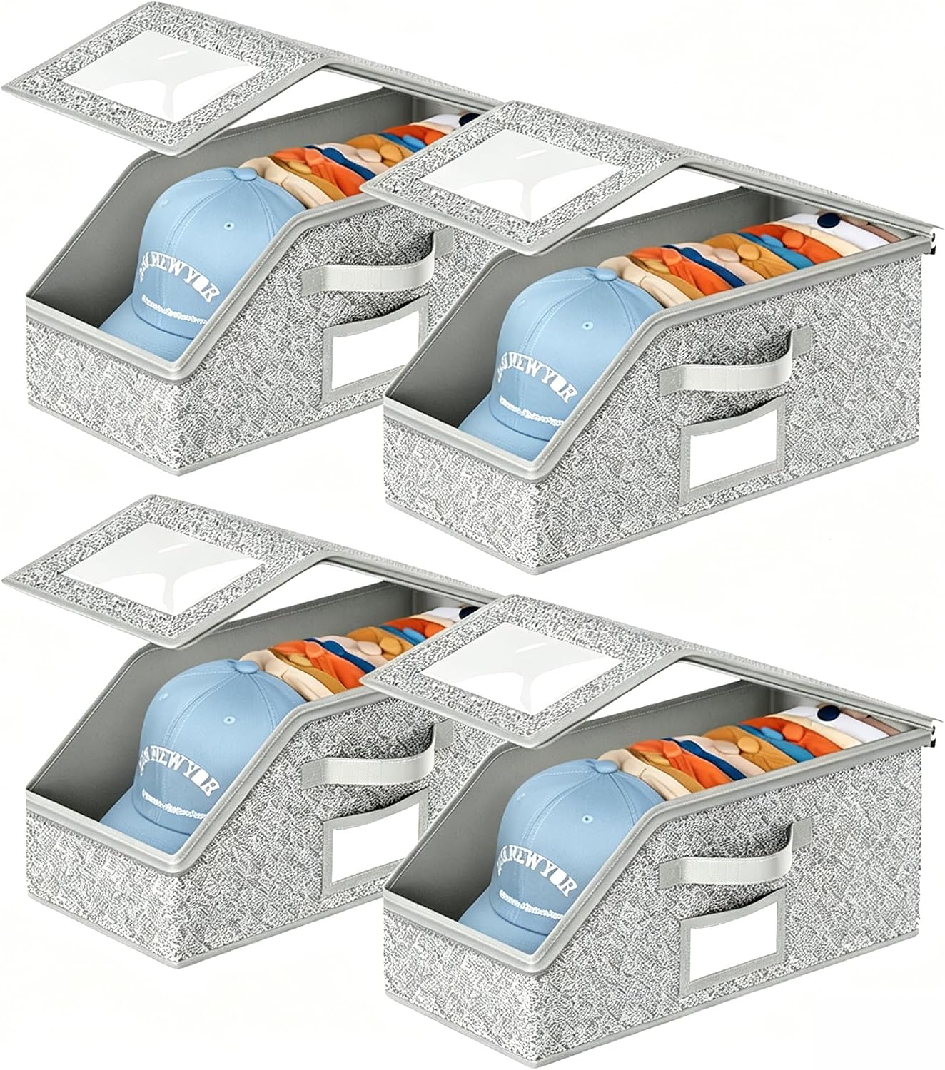 4 Pack Hat Storage Box for Baseball Caps, Stackable Hat Storage for Baseball Caps with Clear Window Lid, Flip-Top Access, Space-Saving Hat Box for Closet