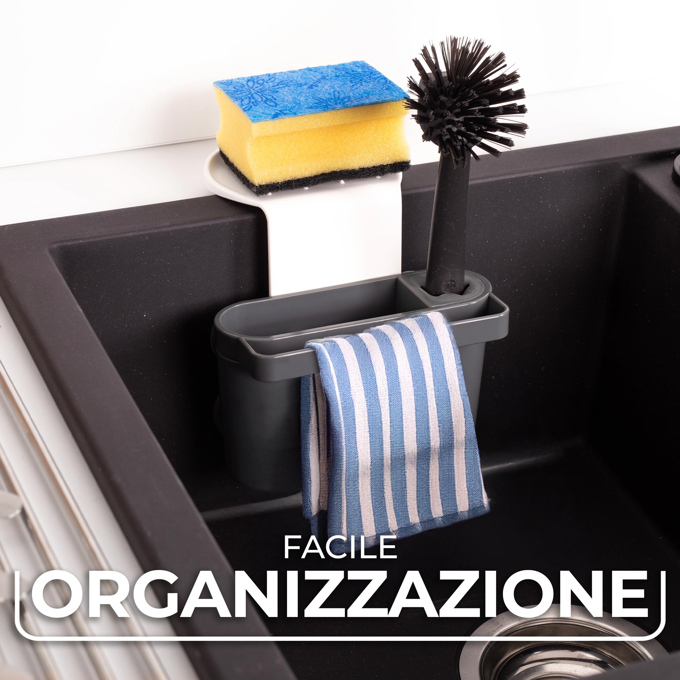 Vileda Portaspugna per Lavello con Ventosa – Organizer Lavandino Senza Foratura per Spugne, Spazzole e Detersivo – Drenaggio Acqua – Grigio Scuro