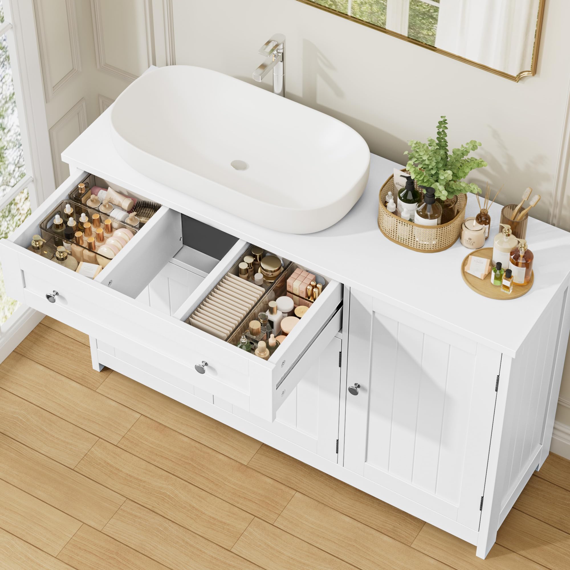 FOREHILL 90cm Mueble Bajo Lavabo, Mueble Baño, Blanco, 90x30x61,5cm | Mueble Lavabo con Pie, con 3 Puertas, 1 Cajón, Estantes Ajustables