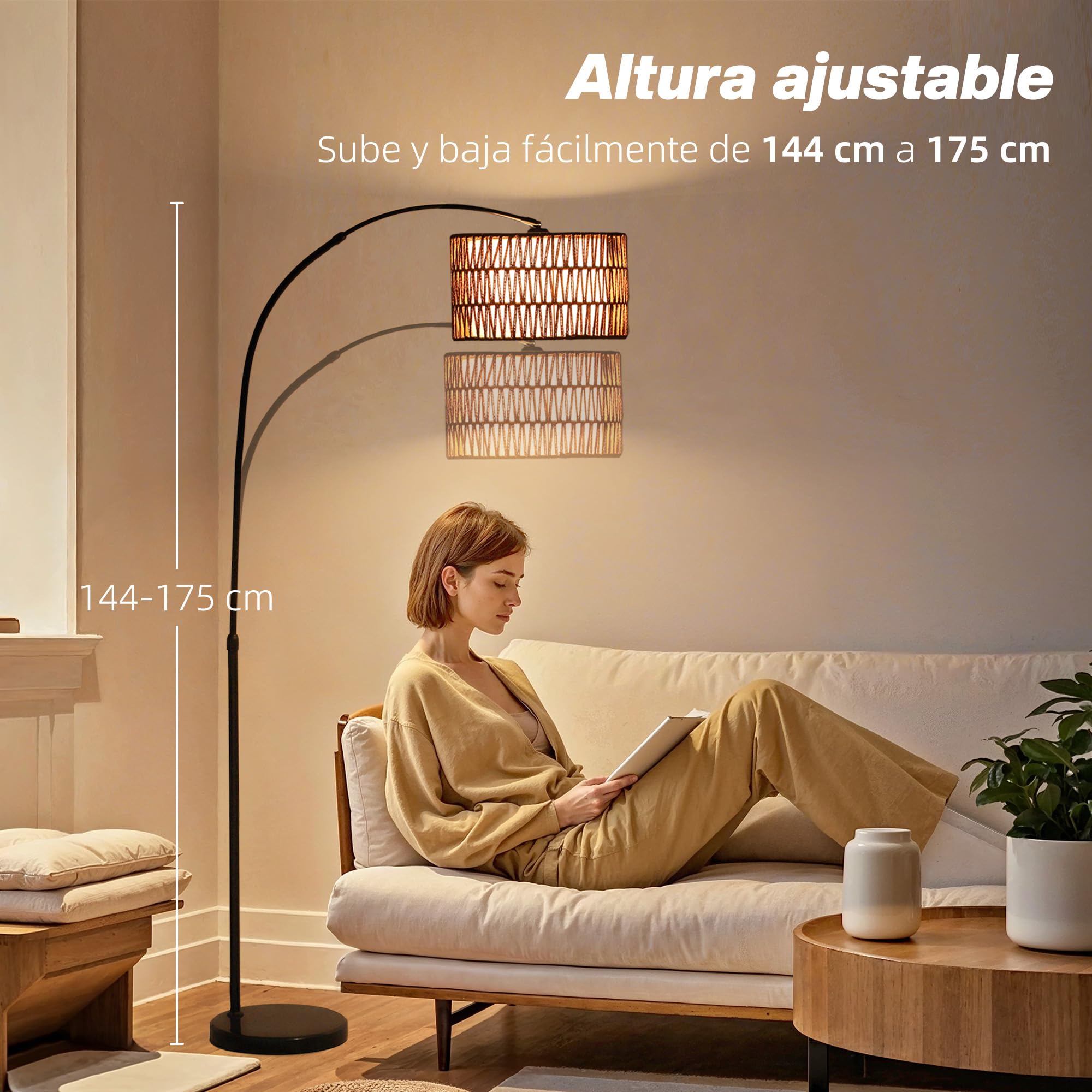HOMCOM Lámpara de Pie de Arco Salón Altura Ajustable Negro y Marrón | Lámpara de Pie Salón, Pantalla de Yute, Interruptor de Pie, Base de Mármol, para Sala de Estar Oficina Dormitorio