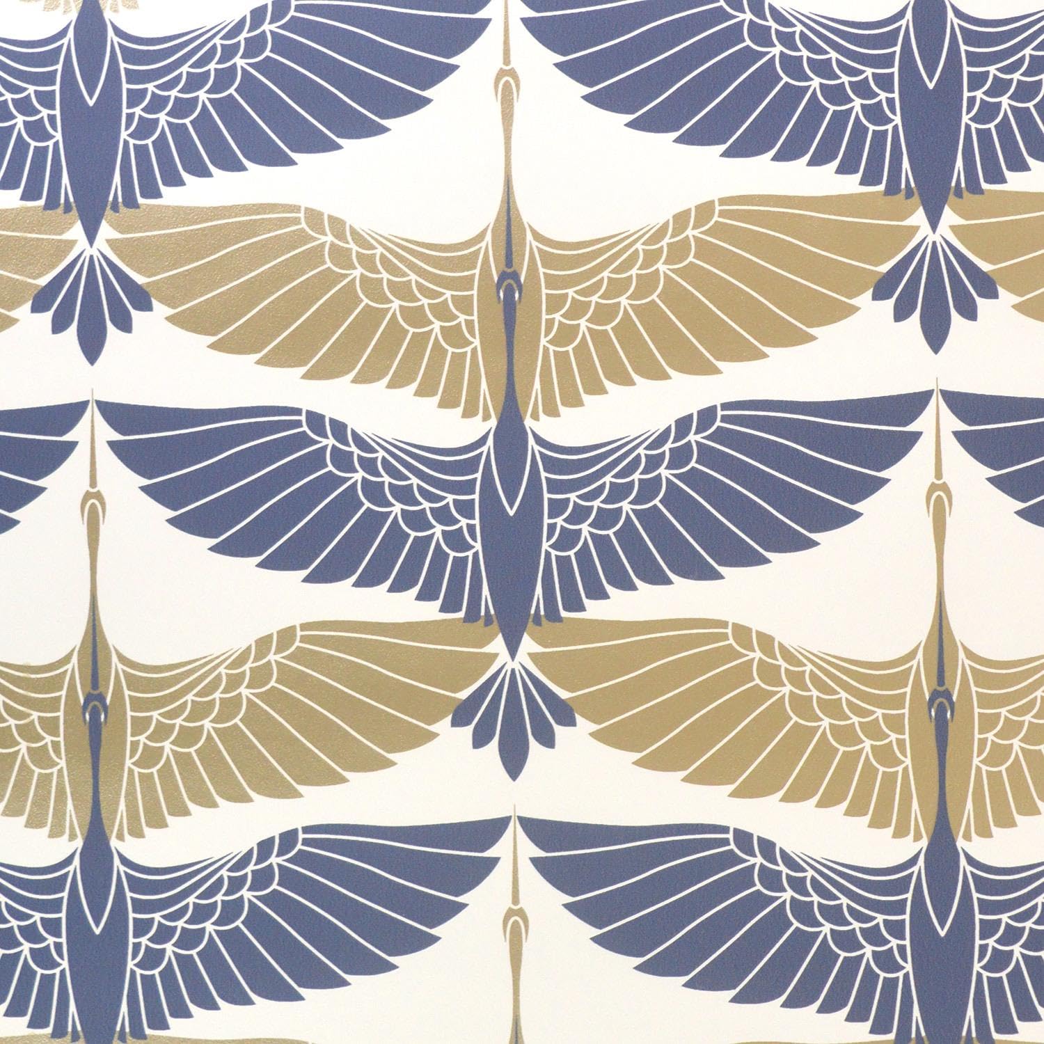 Yöl Navy, Metallic Gold Oriental Cranes Navy Wallpaper - Metallic Gold Effect Modern Feature Contemporary - Trendy Stylish Paste The Wall