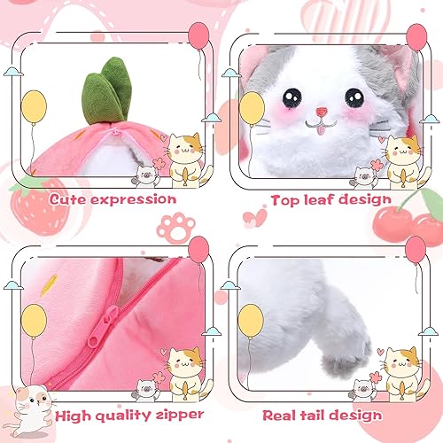 Miniatura 4 de MIAODAM Animales de peluche de gato, Kawaii Squishy Lindo y reversible de fresa que se convierte en gato con cremallera, divertido juguete de