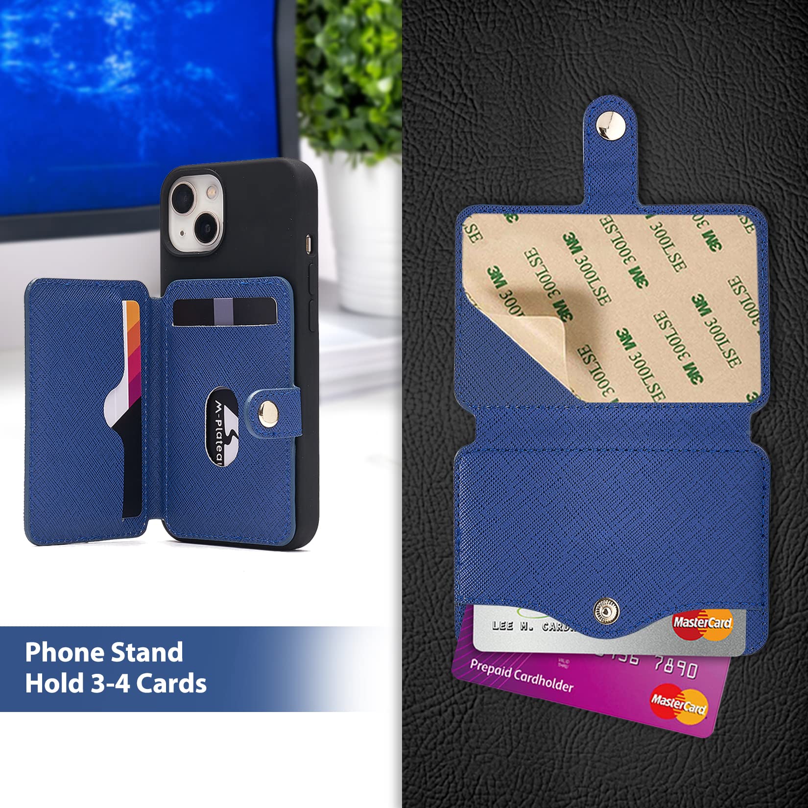 M-Plateau Tarjetero, billetera para hombre, con adhesivo delgado 3M, compatible con iPhone 14 Pro y la mayoría de teléfonos inteligentes (azul marino)