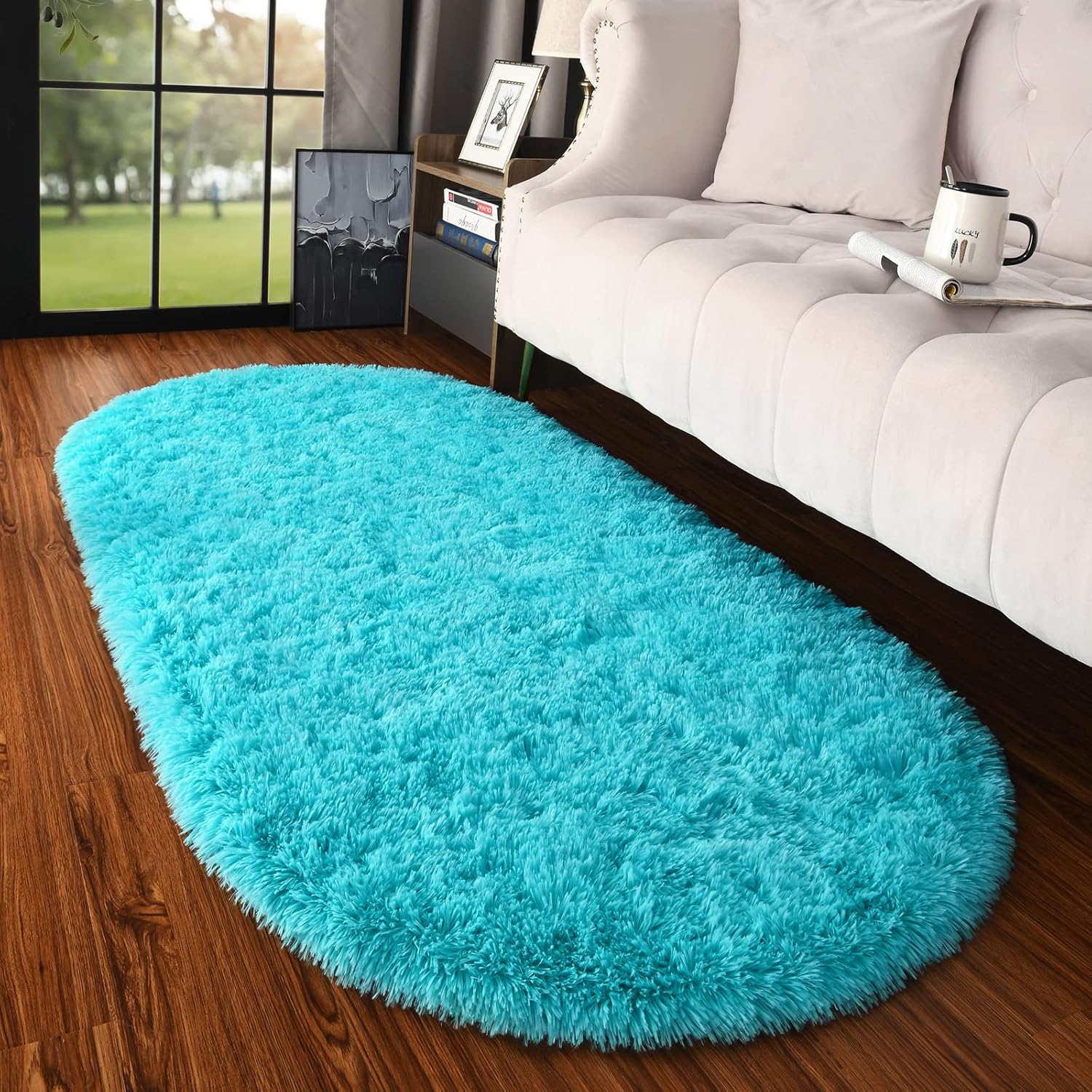 DETUM Blue Area Rugs Fluffy Kids Rug Oval Soft Red Rug for