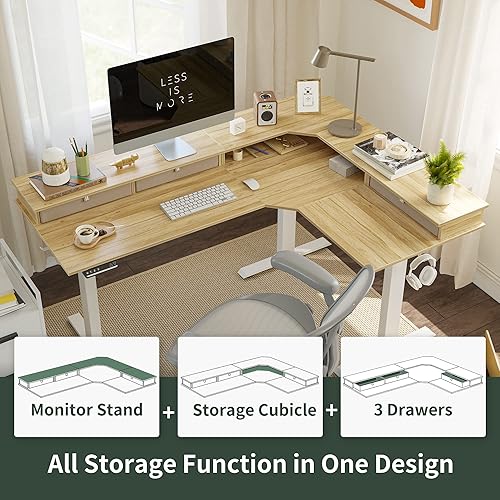 Miniatura 3 de FEZIBO - Escritorio de pie de 63 pulgadas con motor triple y en forma de L, 3 cajones, altura ajustable, esquinero, sistema eléctrico, con tablero