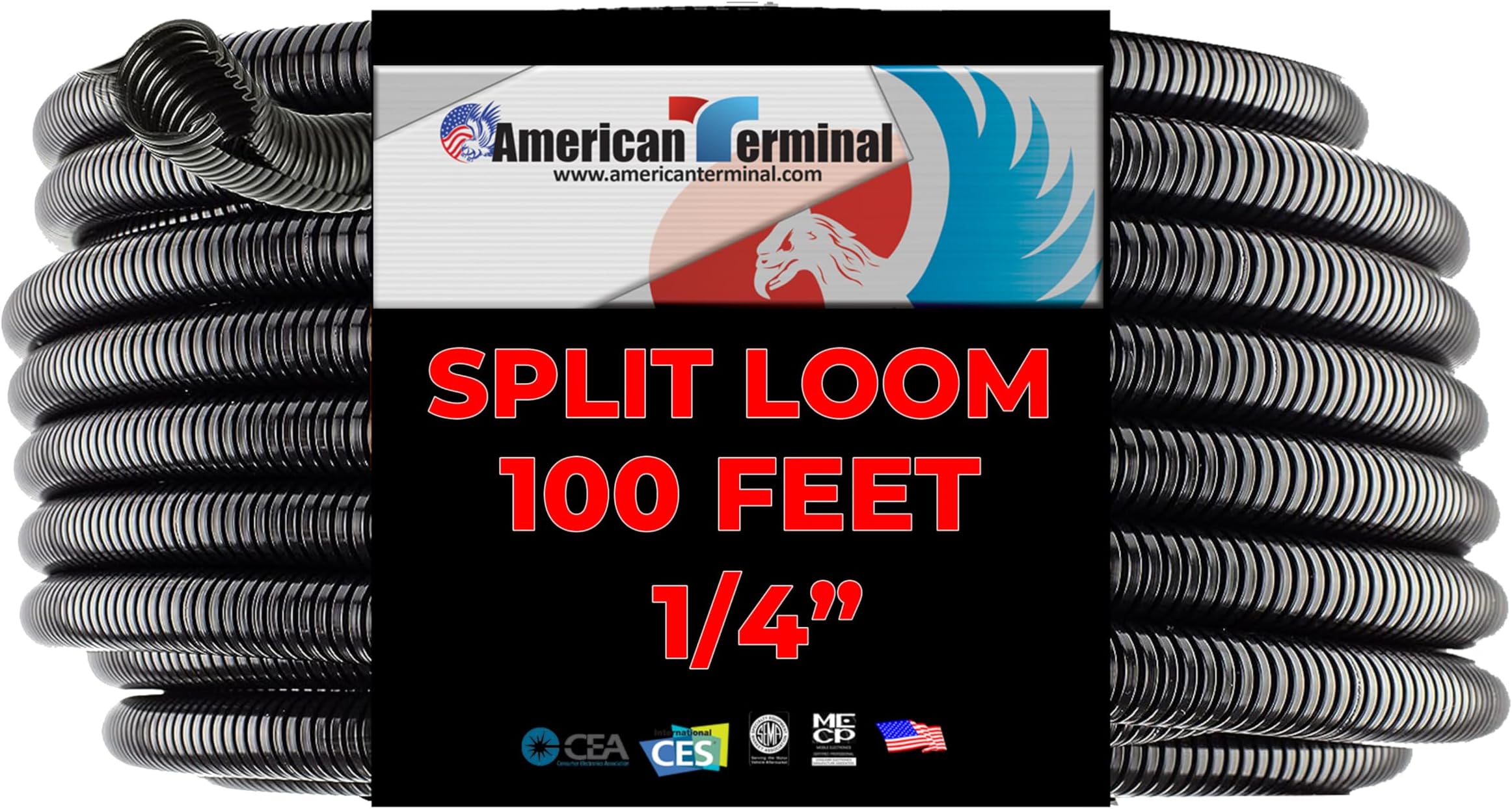 American Terminal 100 FT 1/4" INCH Split Loom Tubing Wire Conduit Hose Cover Auto Home Marine BlackMarine Black (Limited Edition)
