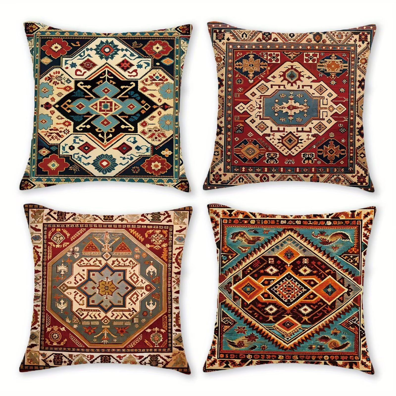 QiHon Red Bohemian Cushion Covers 30x30 cm Set of 4, Decorative Throw Pillow Cases, 12x12 inch Square Linen Pillowcases for Sofa Living Room Bedroo