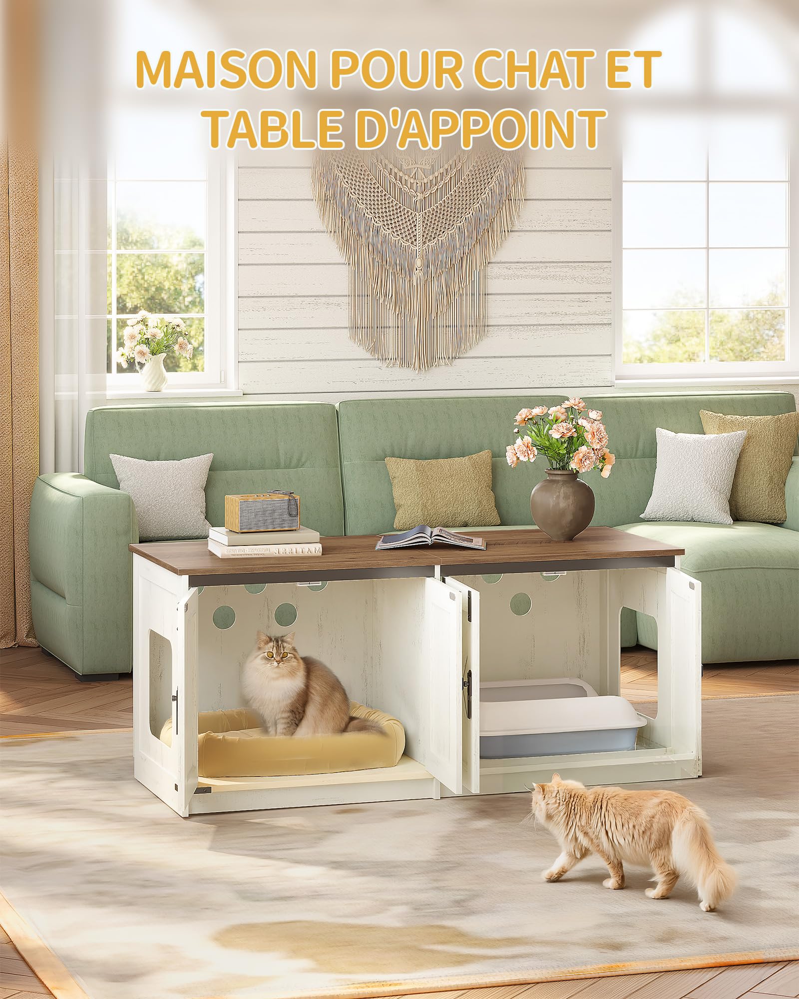 Hzuaneri Maison de Toilette Chat, Meuble Litiere pour 2 Chats, Meuble pour Bac à Litière Caché, Maison pour Chat D'intérieur, Style Ferme, 119 x 48 x 53,5 cm, Marron Rustique et Blanc CB85314X