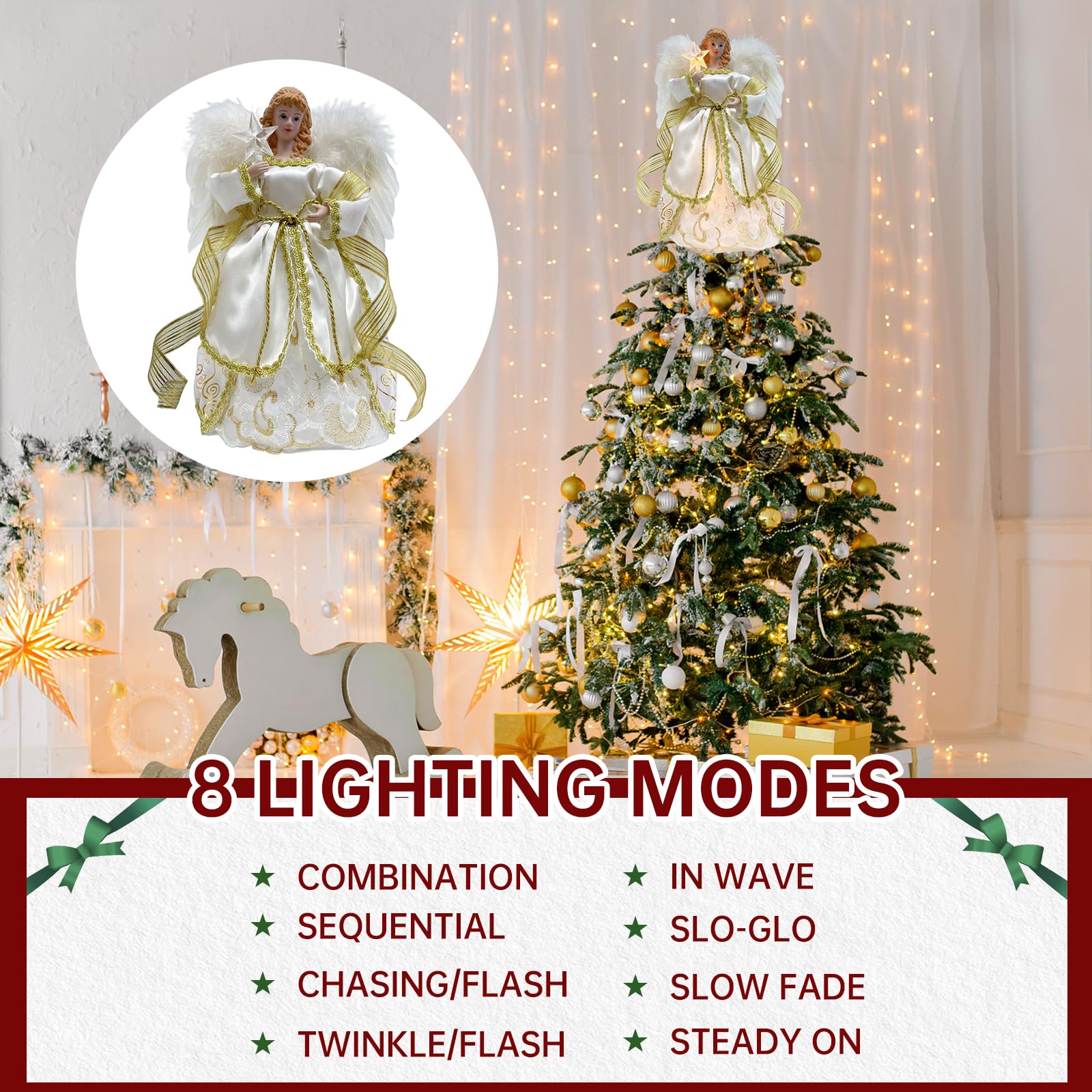 Cimier de sapin de Noël avec lumières 8 modes et minuterie, 30,5 cm, avec télécommande, fonctionne à piles, ailes en plumes blanches et étoile lumineuse