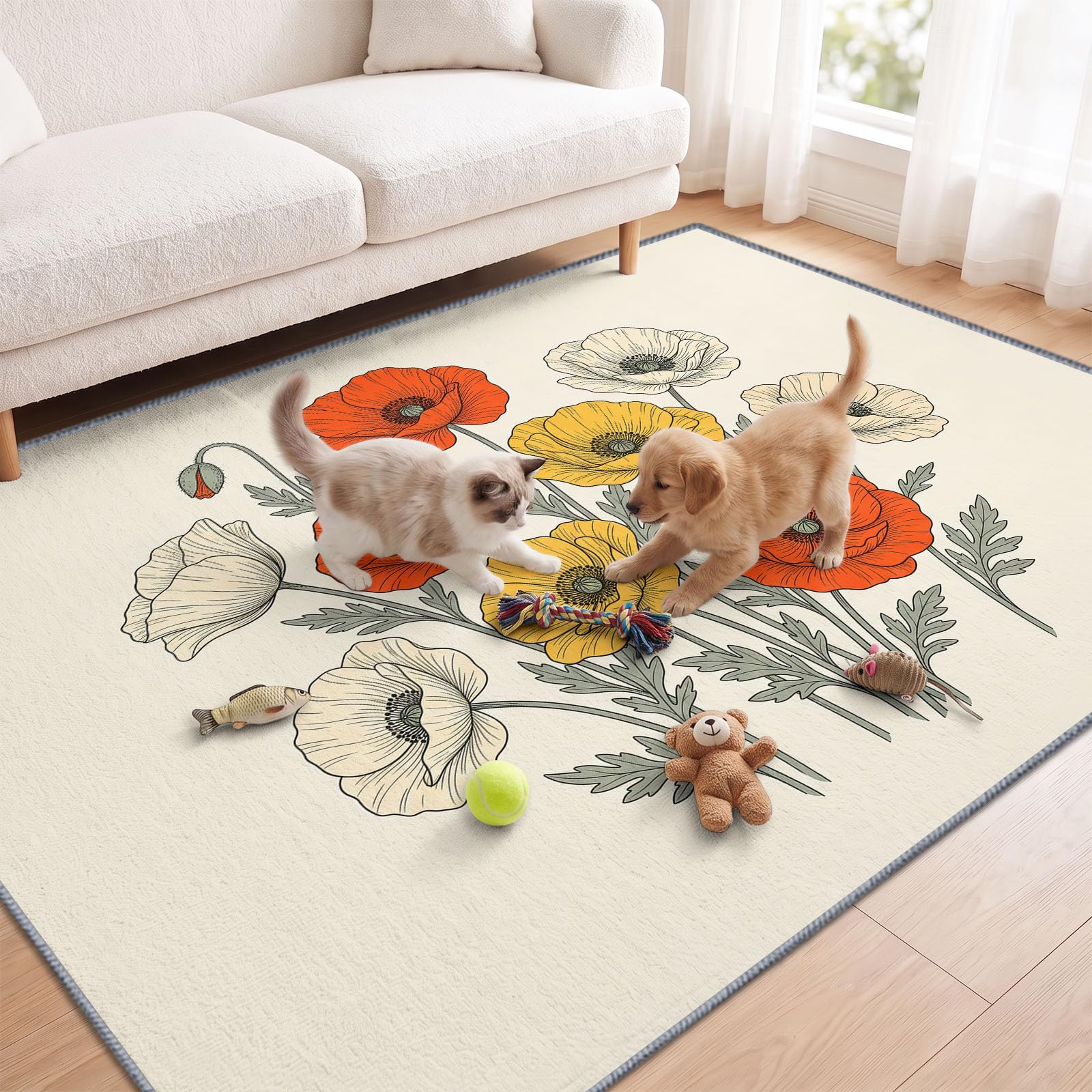 Générique Coquelicot Crème Tapis Poils Ras 80x150 cm
