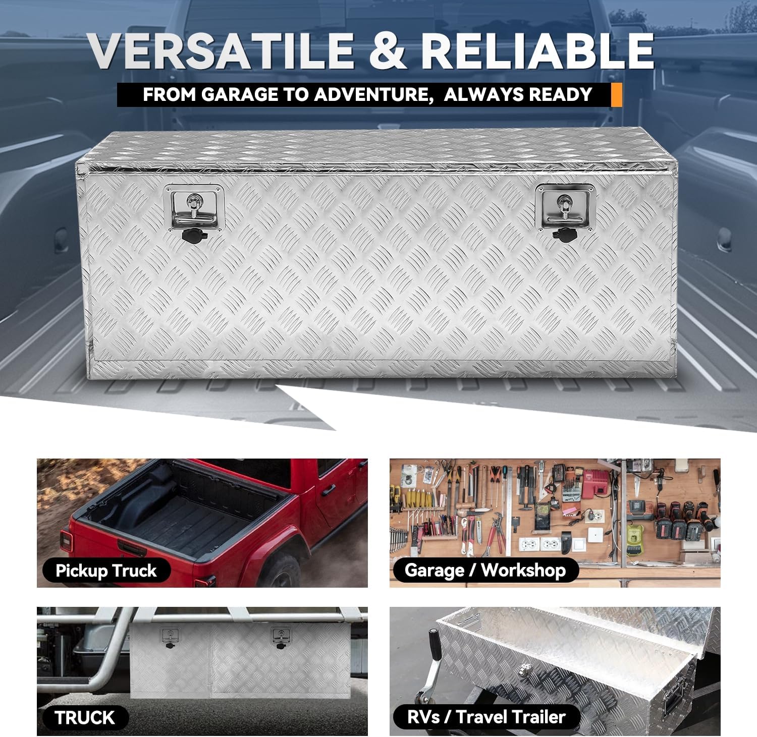 Auto Dynasty 47 Inch Truck Tool Box, Heavy Duty Aluminum Truck Bed Storage Box Organizer with T-Handle Lock and Keys for Pick Up Truck Bed RV Trailer, 47 (H) x 18 (W) x 18 (D) inch, Silver