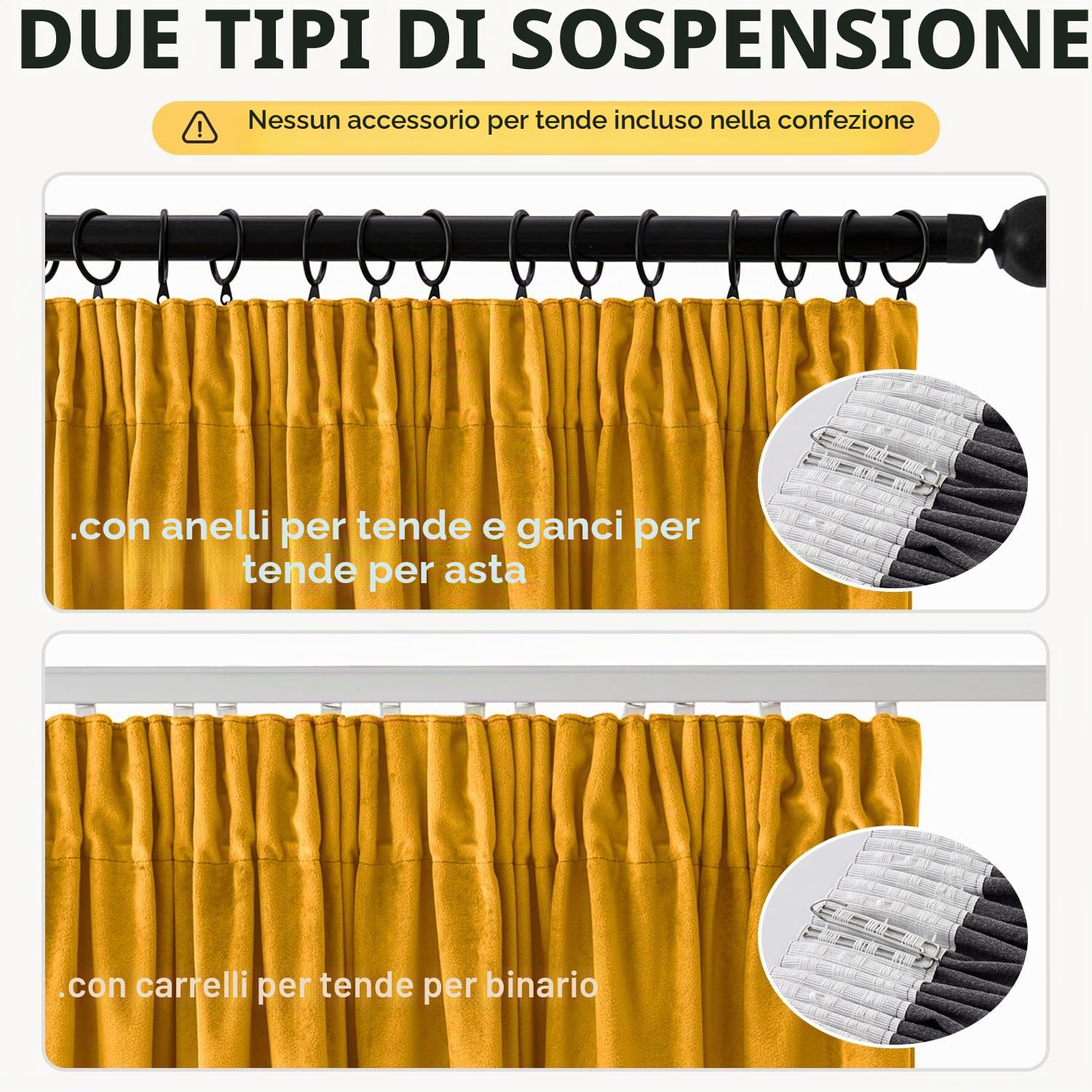 EMEMA Tende a cordoncino semi-oscuranti, isolanti in velluto, 2 pezzi, 140 x 260 cm, tende moderne per soggiorno e camera da letto, tenda spessa in raso termico, giallo senape