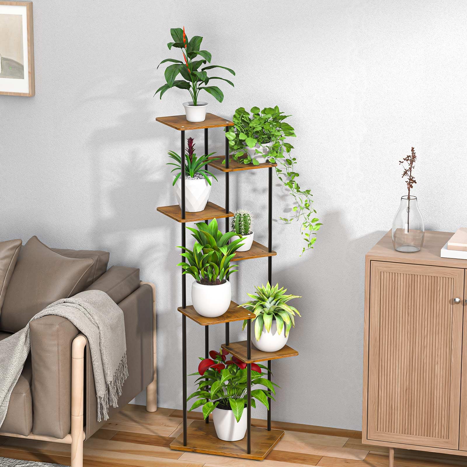 Scaffale Portafiori in Metallo 7 Ripiani Porta Piante Da Interno 30x39x130 cm Supporto Per Piante In Legno Adatto per Interni ed Esterni, Decorazione per Balcone da Giardino, Soggiorno, Ufficio, Nero