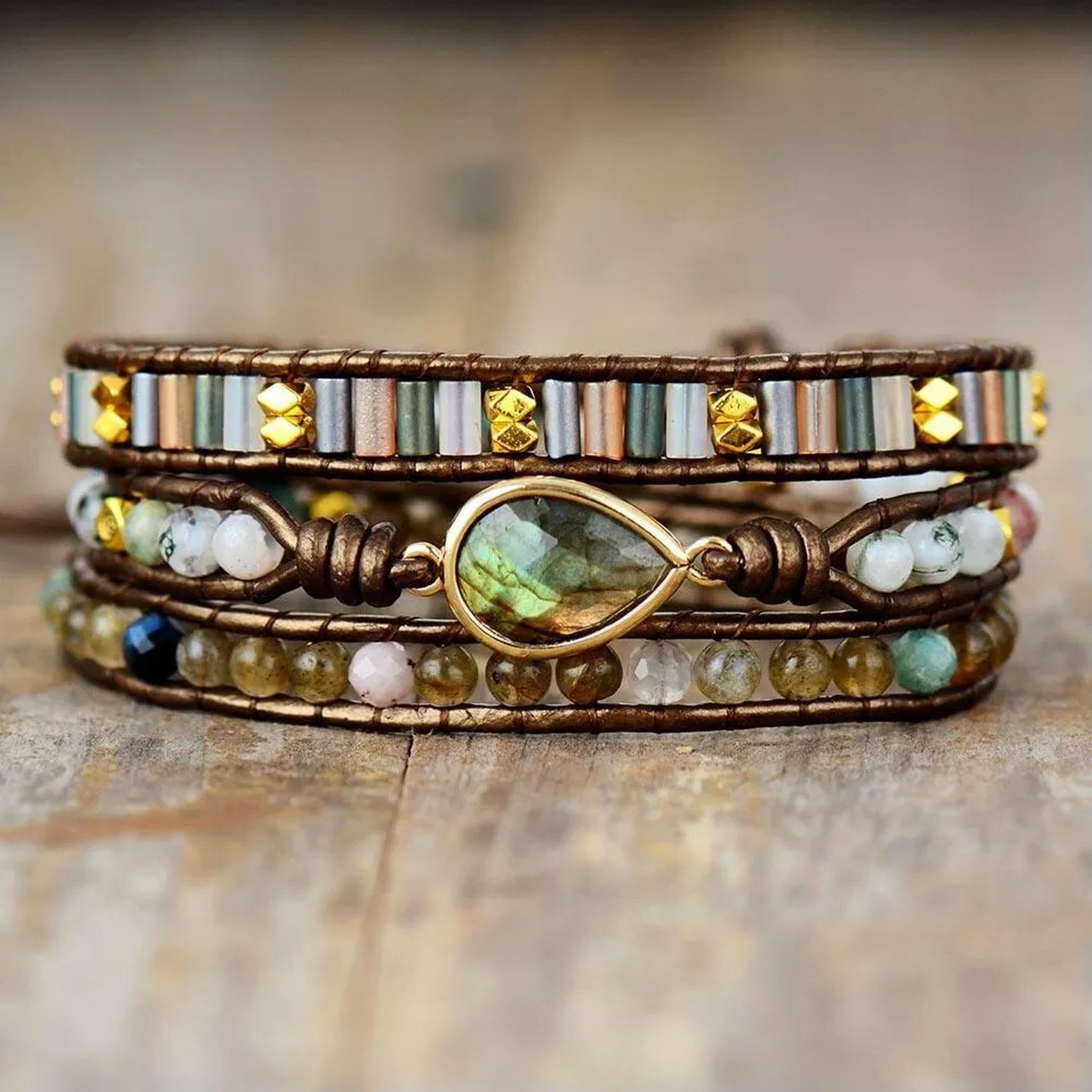 Bracelet de Yoga Ethnique en Cuir Fait Main à 3 brins avec Labradorite