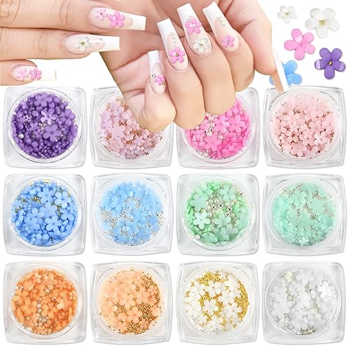 Whaline 12 cajas 3D de flores para arte de uñas con perlas doradas y plateadas, cuentas de caviar de cambio de luz, acrílico, pétalos de flores,