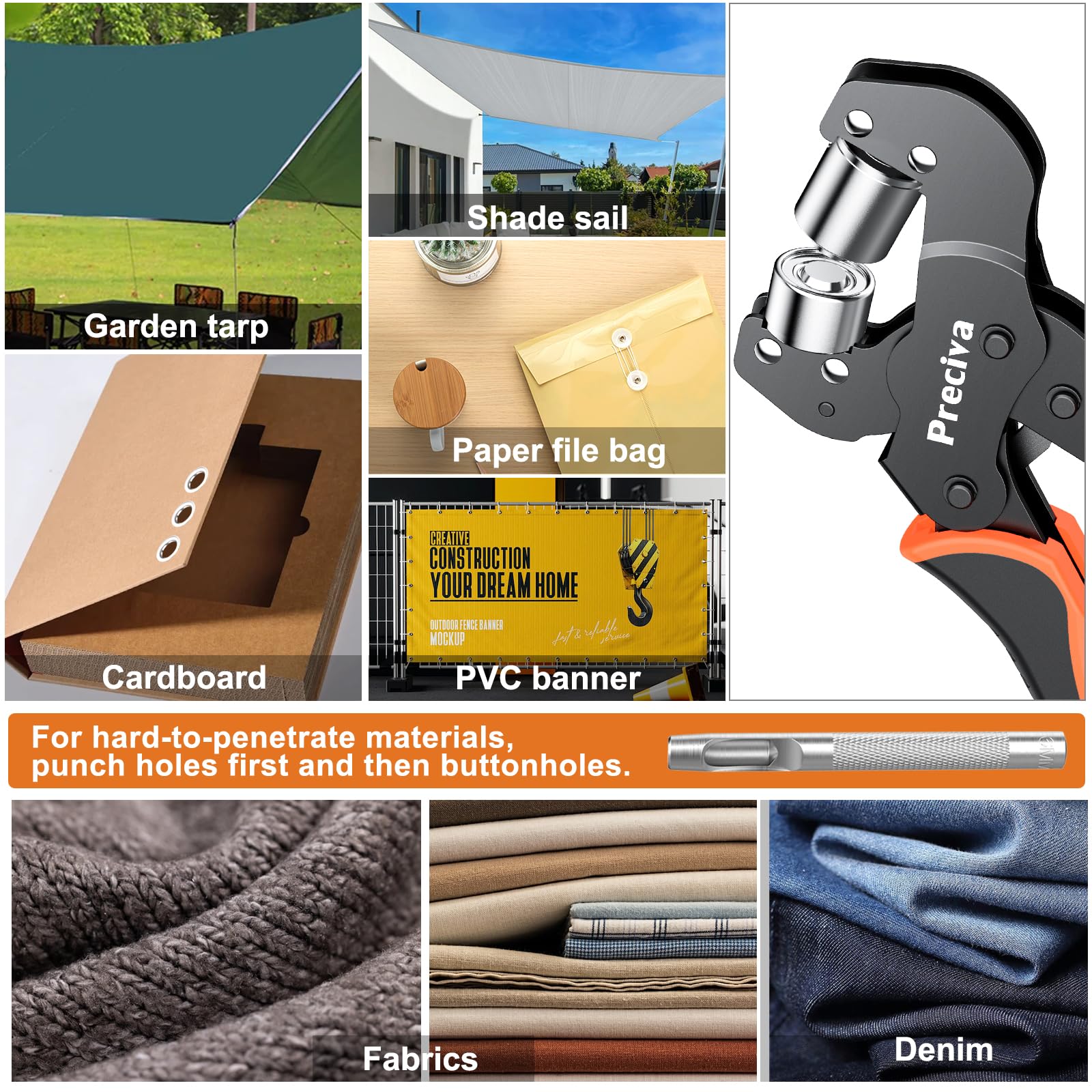 Preciva Ösenzange Austauschbar Zangekopf Ösenpresse mit Aufbewahrungsbox und 400 Ösen (200pcs Ø6mm und 200pcs Ø10mm) für PVC-Banner, Planen, Karton