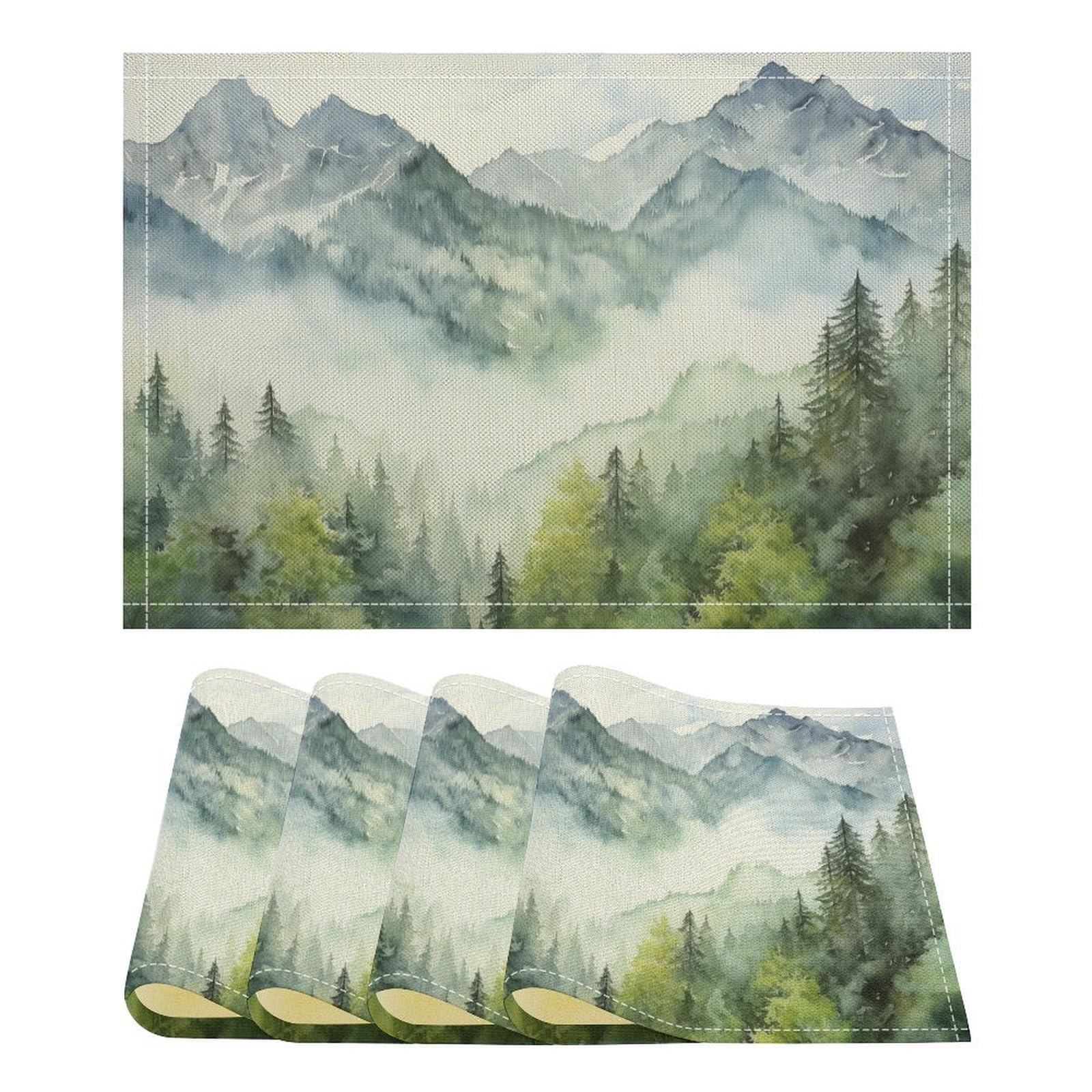 Forest Linen Place Mats Set of 4, 12x17 Inch Watercolor Style Nature Woodland Green Forest Mountain Plant Washable Fabric Non-Slip Placemats for Home