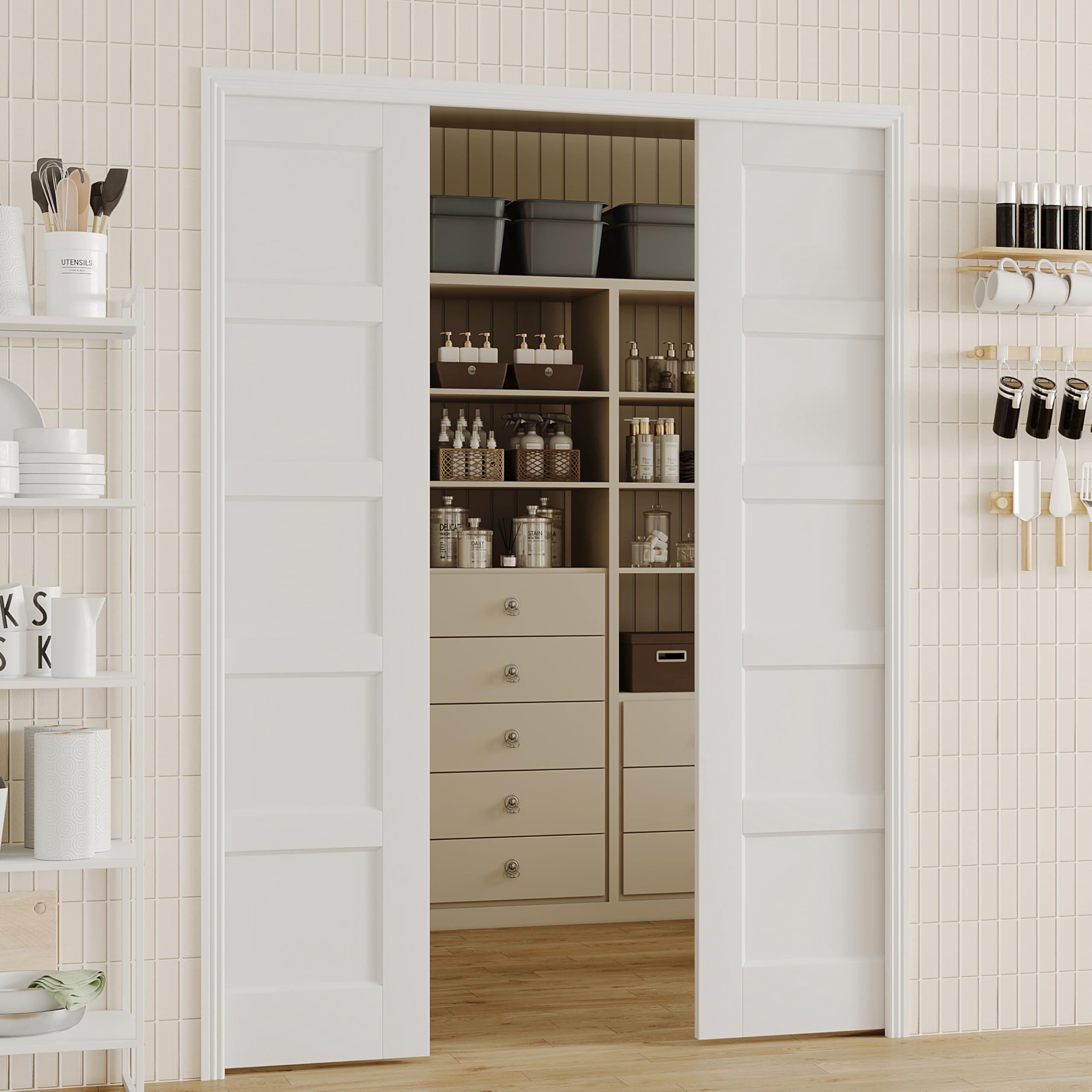 Sliding Pocket Door, 56"(2 x 28) x 80", 5-Panel Core with Frame and Hardware Kit Set, Interior Doors for Pocket Door, White Primed - No Panel Assembly Required