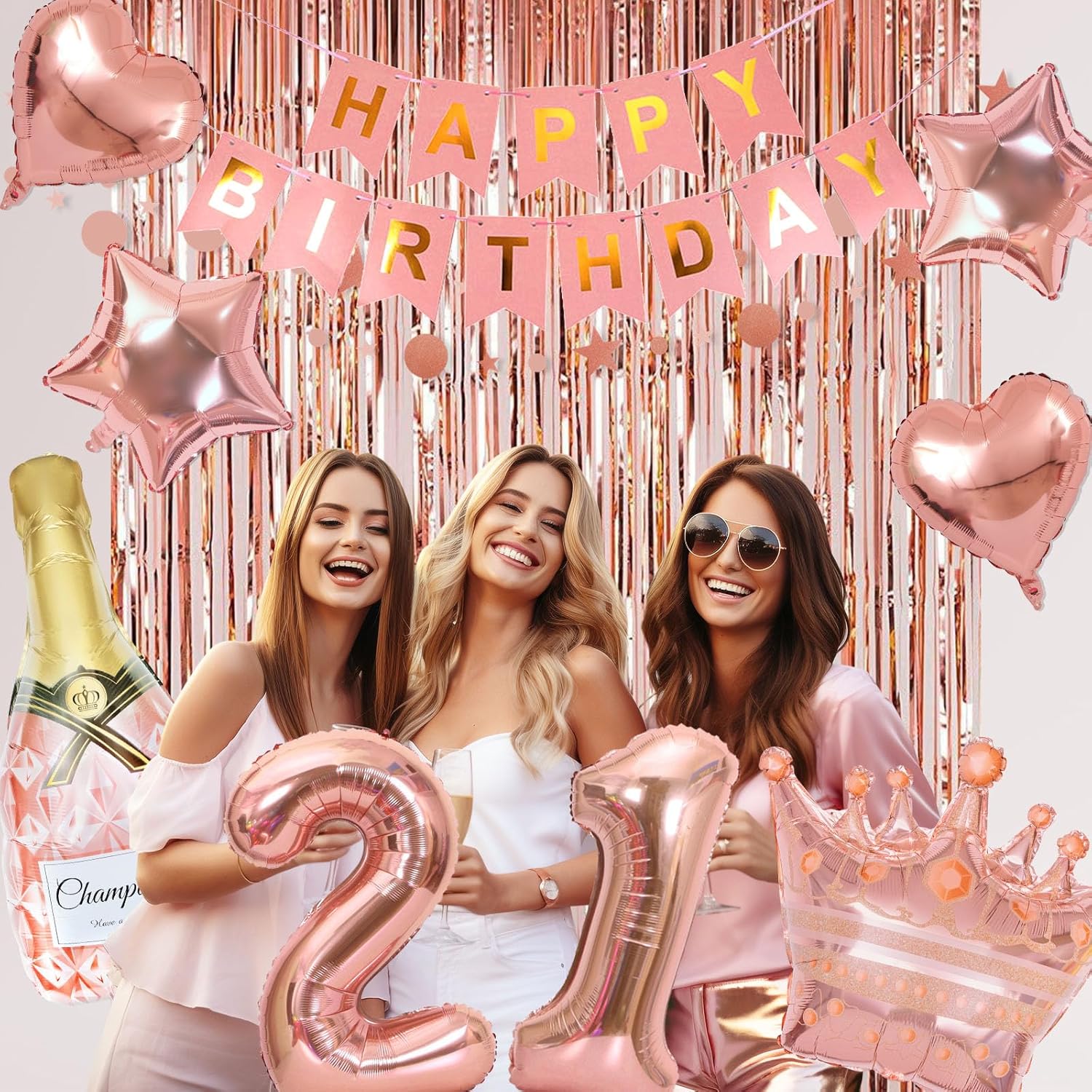 Ouddy Life 21st Birthday Decorations for Her - Rose Gold Party Supplies for Women Girls, Pink Happy Banner, Fringe Curtain, Butterfly Balloons - Image 6