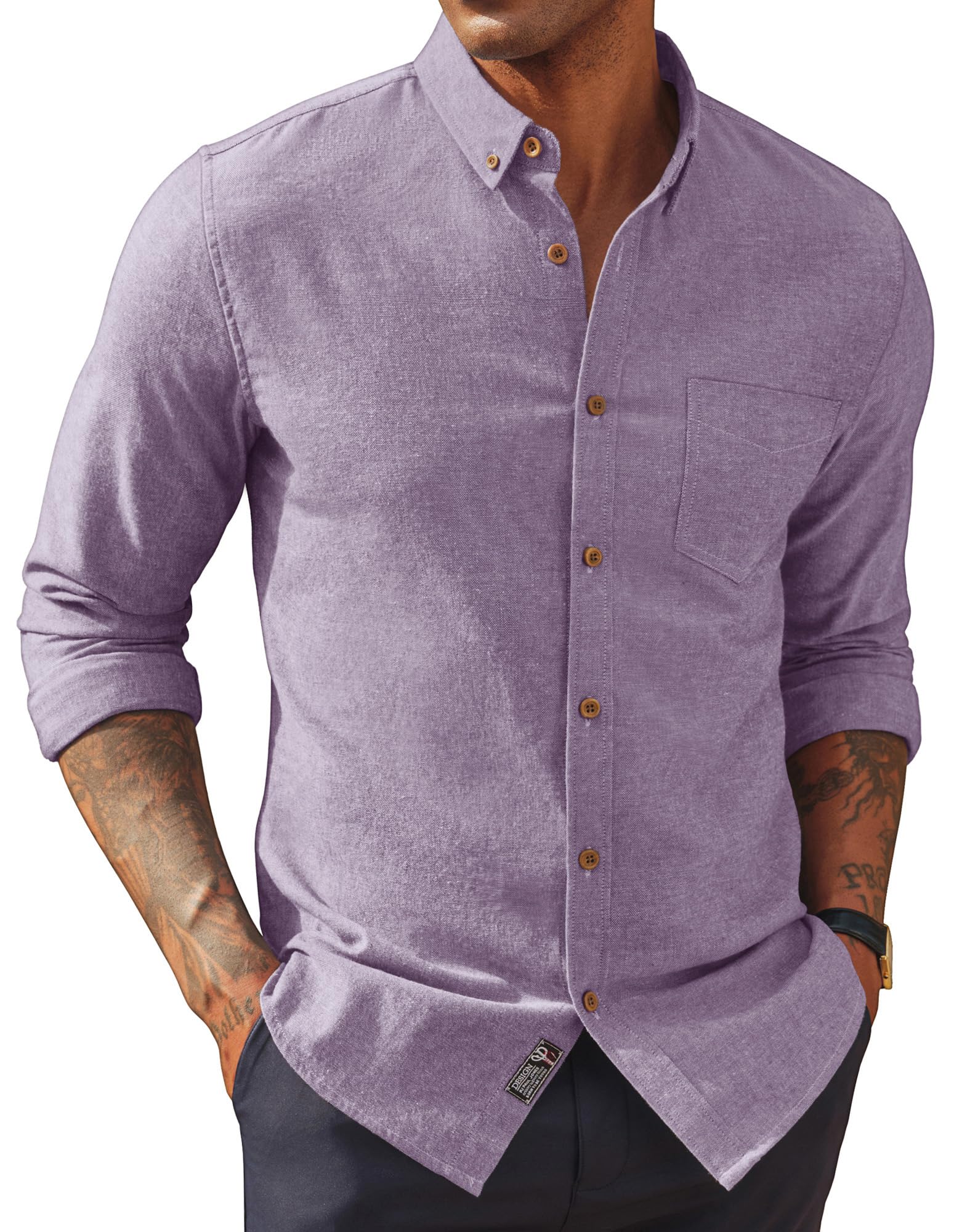 PJ PAUL JONES Camicia da uomo casual con bottoni, a maniche lunghe, in lino e cotone