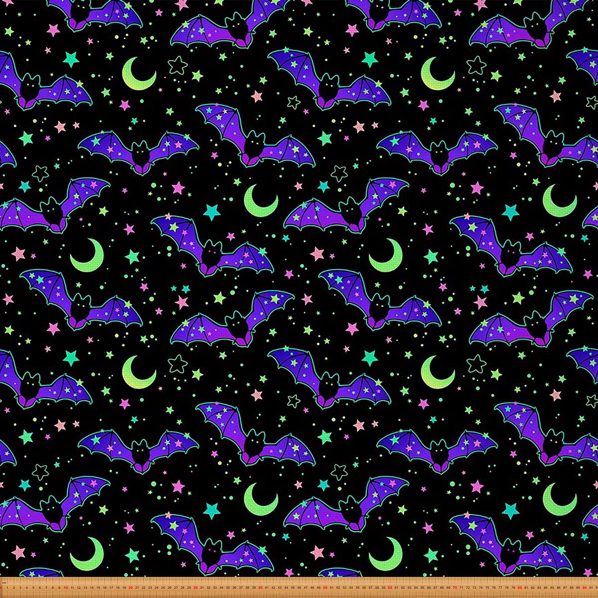 Glitzer Fledermäuse Stoff Meterware Halloween Möbelstoff Blau Lila Galaxy Dekostoff für Kinder Jungen Teens Sternenhimmel Dunkel Nachthimmel Mond Sterne Tier Drinnen Draußen Stoff 276 x 150 (HxB)