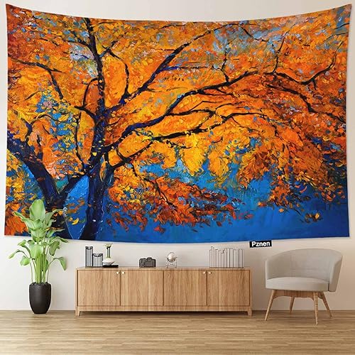 Miniatura 1 de Pznen Tapices de bosque de árboles de otoño, 80 x 60 pulgadas, hojas de arce amarillas y rojas con luz solar, tapiz para dormitorio, decoración