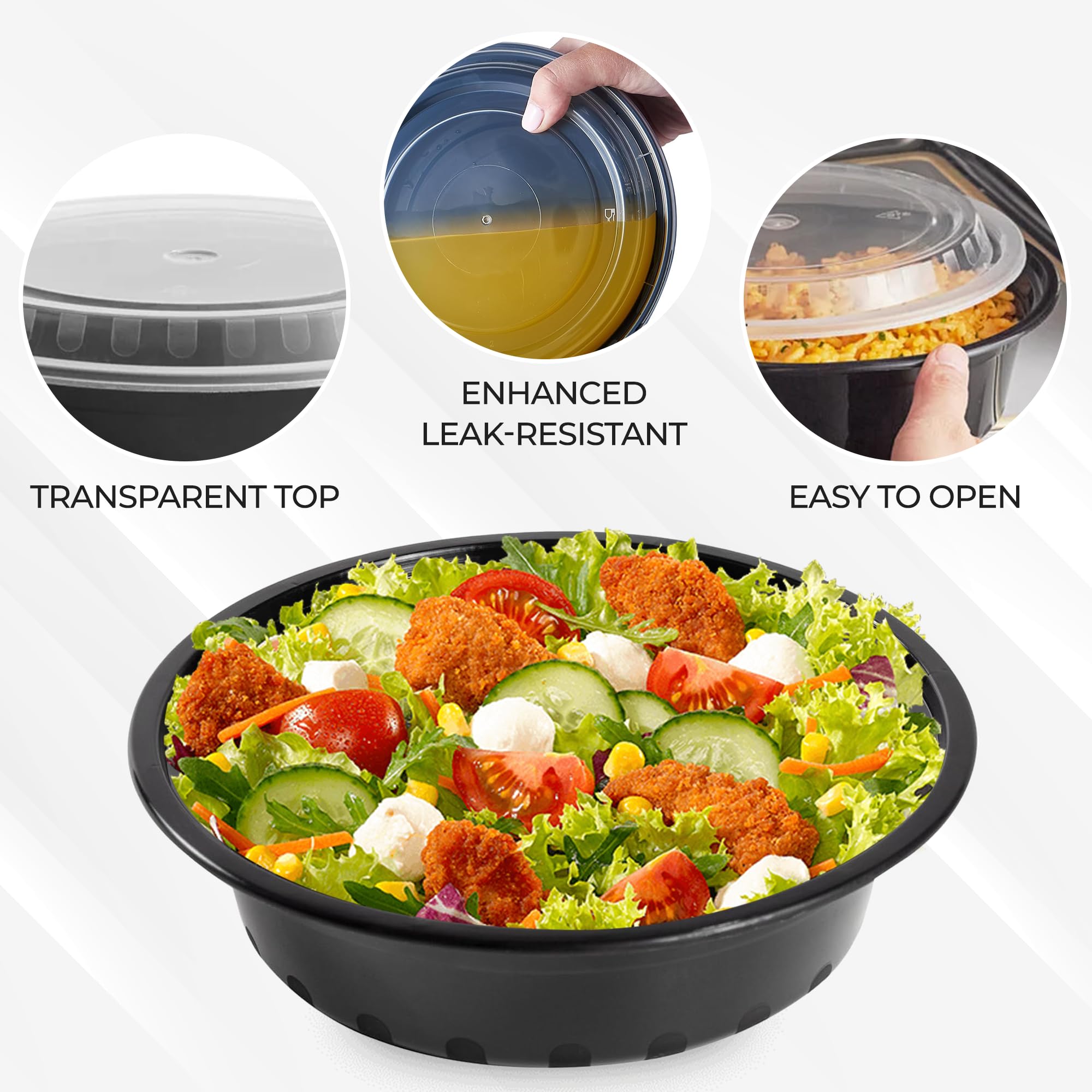 Cuencos desechables de 32 onzas con tapas, 50 cuencos redondos de plástico aptos para microondas para preparar comidas y ensaladas, recipientes desechables para llevar con tapas, recipiente de