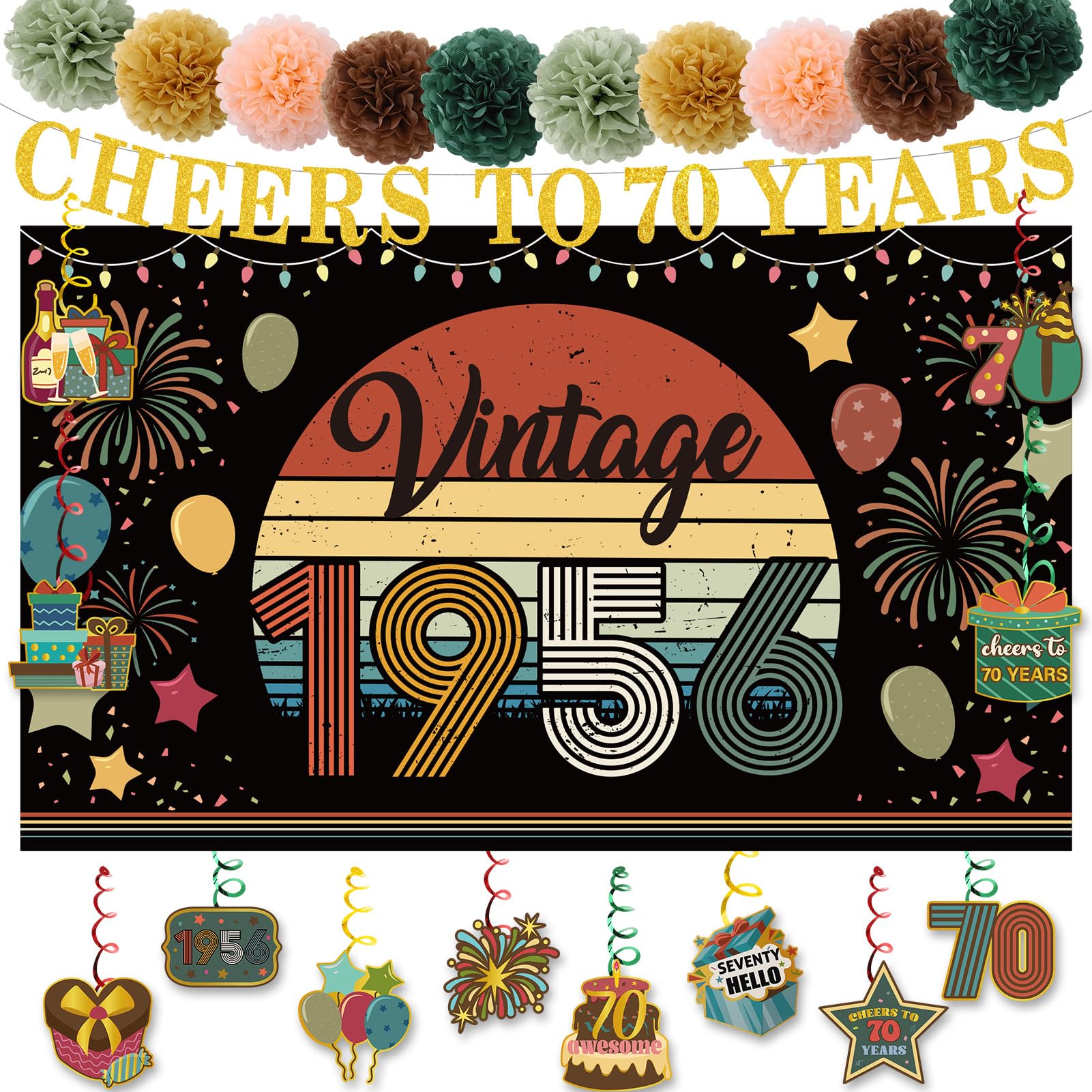 saerryor 70th Birthday Decorations for Men Women,Backdrop Banner Paper Poms