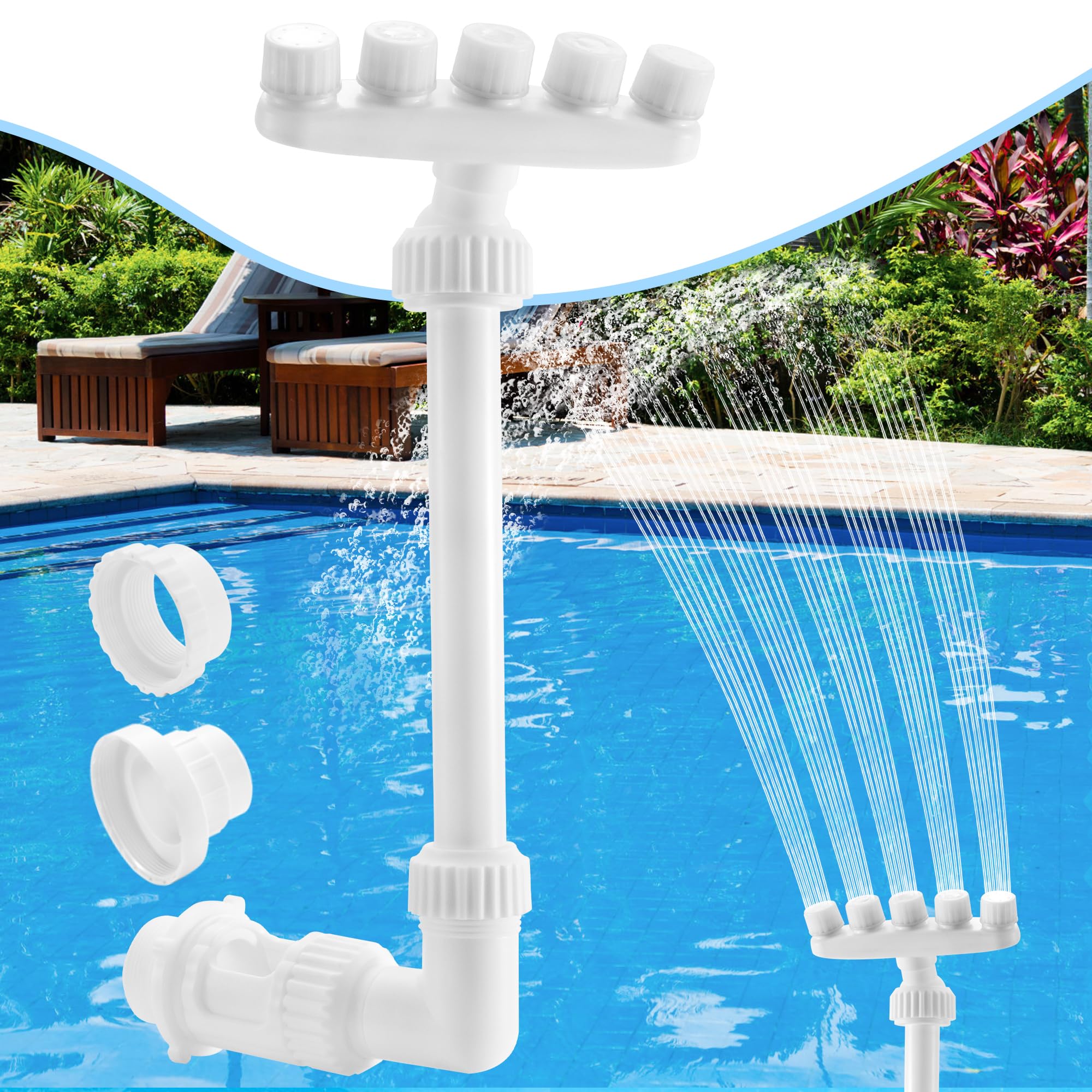 Fuente de Piscina Ajustable, Fuente Aspersora con 5 Boquillas 360° Control de Dirección Cascada de Agua Refrescante Aireador Rociador