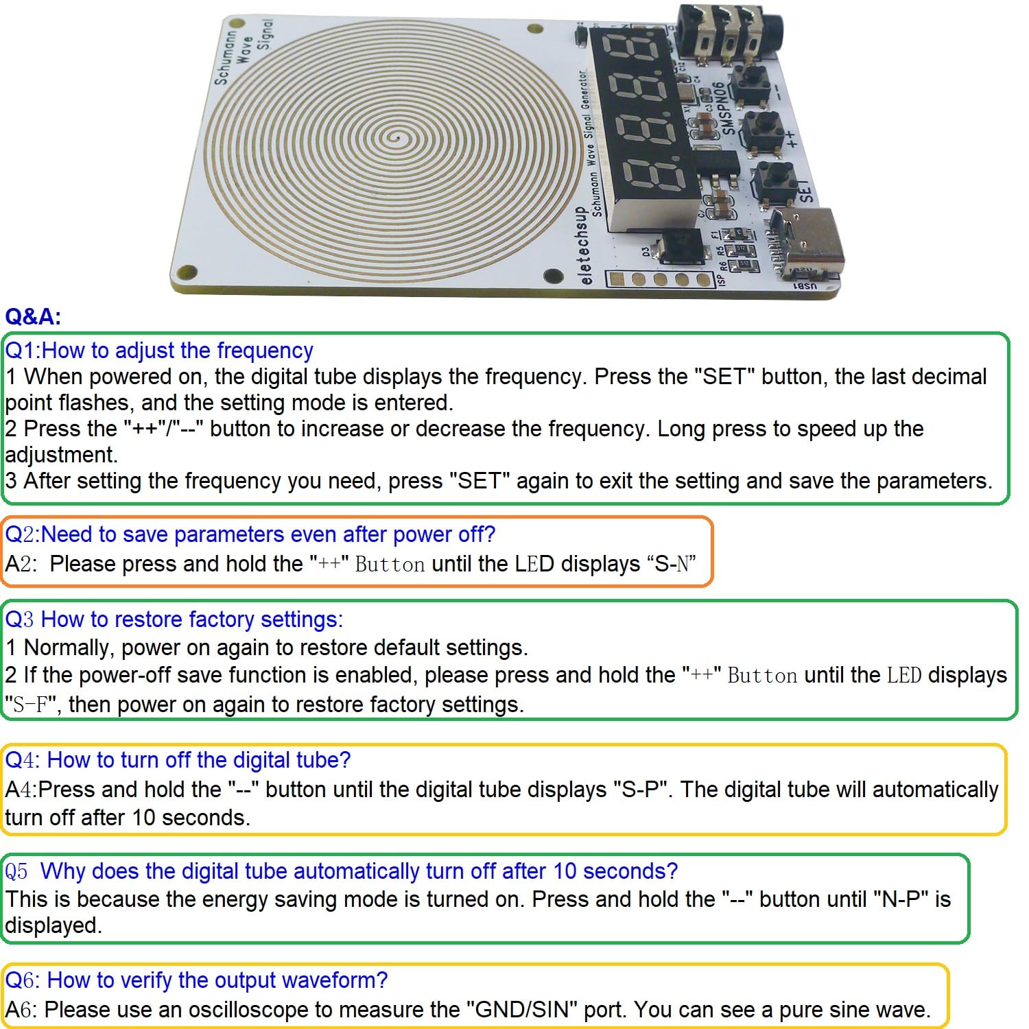 Q&A section from product image detailing how to adjust frequency, save parameters, restore factory settings, and control digital tube display.