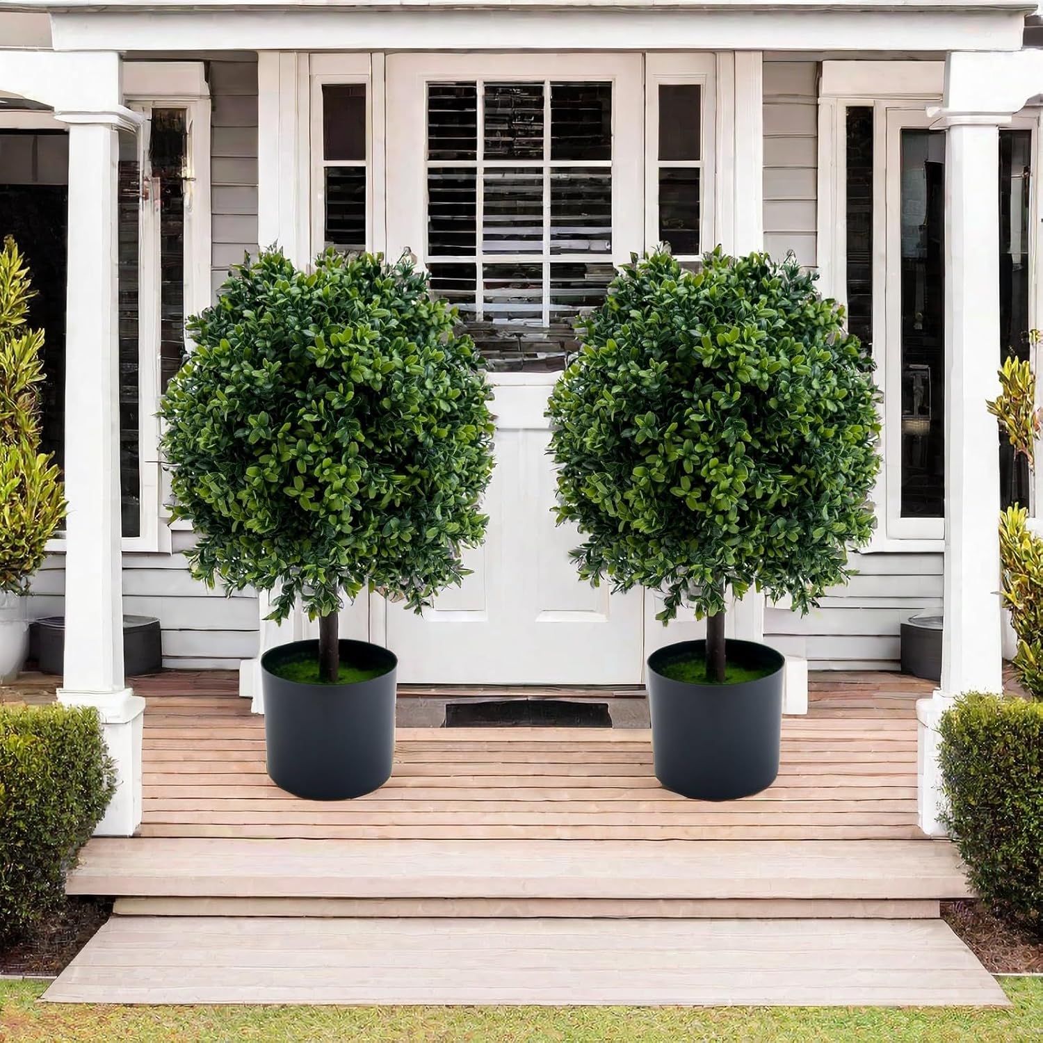24 Inch Artificial Topiary Trees Set of 2, Fake Topiary Boxwood Ball Tree, Faux Shrubs Plants Green Decor Indoor Porch,Garden