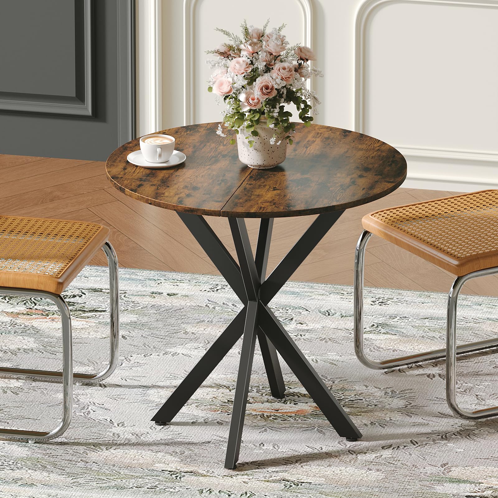 unovivy 31534 small round dining table for 2-4 space saving circle kitchen dinner table industrial mid century modern dining room desk for kitchen apartment rustic brown