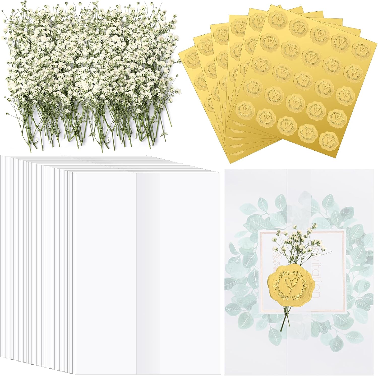 Fabbay 100 Sets Wedding Invitations Wraps Set Envelope for 5 x 7 Inch Invitations Self Adhesive Gold Wax Seal Sticker Natural Dried Flowers for DIY Photos Cards Baby Shower Party