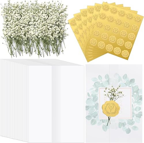 Fabbay Juego de 50 envolturas de invitaciones de boda, chaquetas de vellum preplegadas para invitaciones de 5 x 7 pulgadas, flores secas prensadas