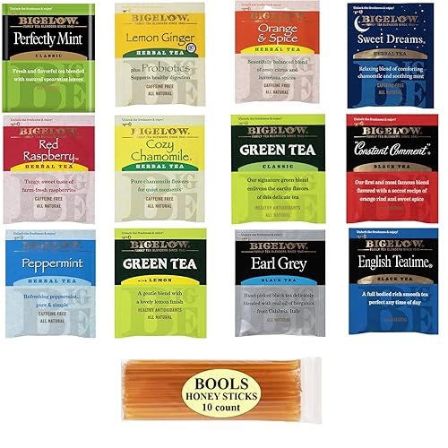 Paquete de muestras surtidas de bolsas de té, envueltas individualmente (paquete de 36) más barras de trébol de miel pura (10 palos) té verde, Earl