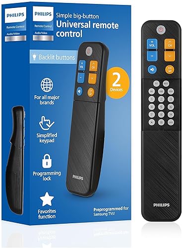 Philips EZSlide SRP9012B27 - Control universal de TV con botón grande retroiluminado para personas mayores, fácil de usar y configurar, control de 2