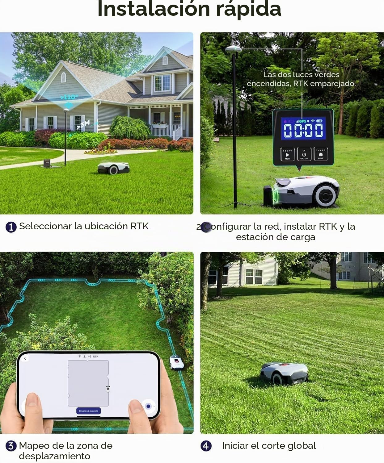 ANTHBOT Genie600 Robot cortacésped inalámbrico periférico - 900 m² Full Band RTK+4 Ojos IA Vision Cortacésped Robot Césped, Auto Cartografía, 20 Multi-Zona, Evasión de Obstáculos, Carga Automática