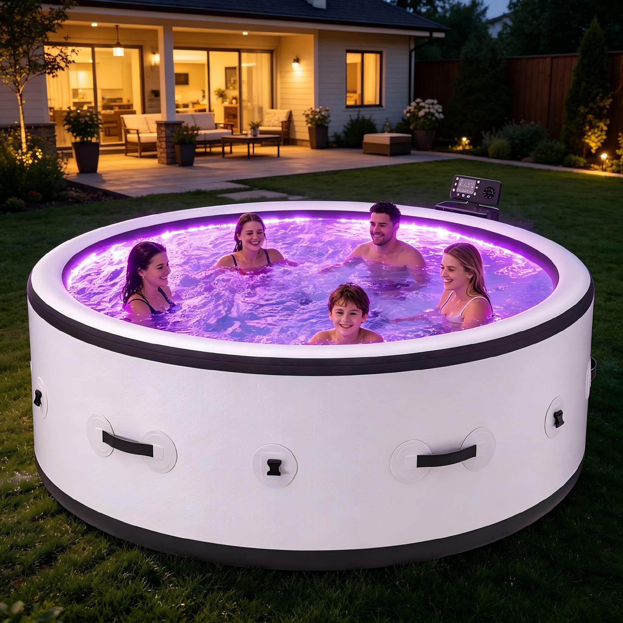 Spa Hinchable PVC Estanco Premium 81,1×27,9 Pulgadas Para 6 Personas, 150 Chorros Masaje, Bomba Calefactora Inteligente, Circulación PTC, Calefacción Baja, Cuerpo Rígido Exterior, 6 Modos Luz