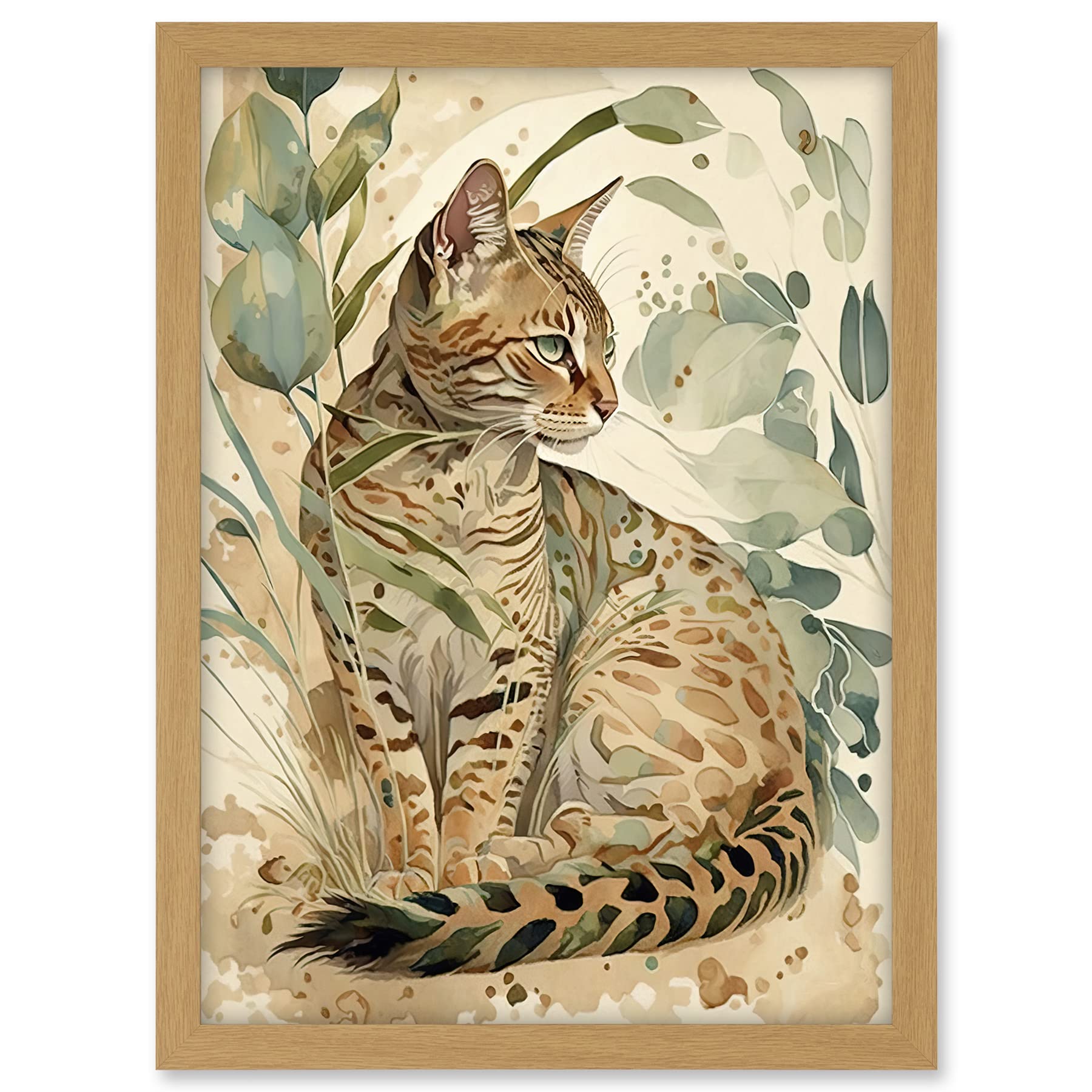 Artery8 Spotted Fur Coat Bengal Cat in Nature Pastel Watercolour Illustration Artwork Framed A3 Wall Art Print