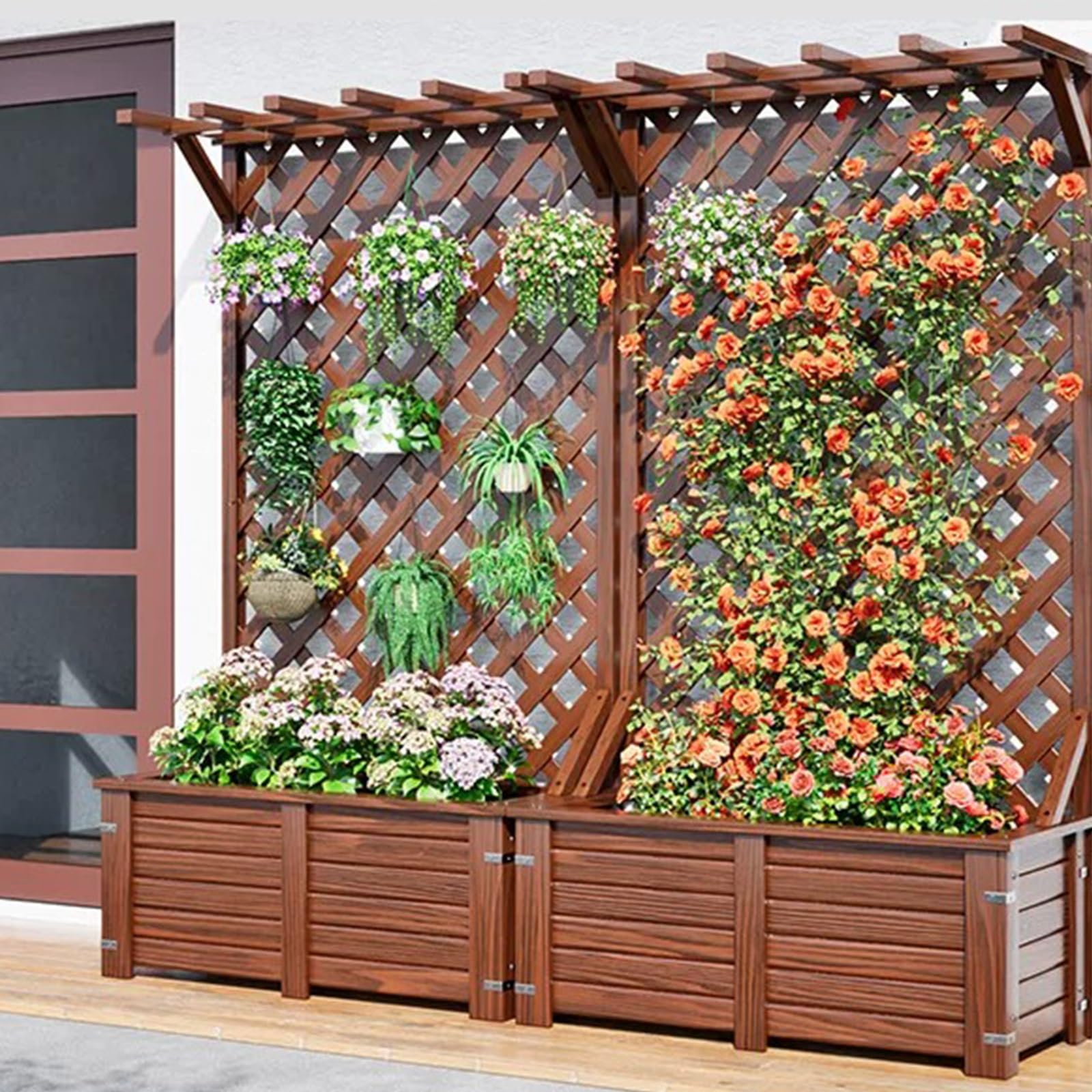 Jardinera Vertical de Celosía de Diamante Con Enrejado, Soporte for Plantas Trepadoras Montado en La Pared de Alta Resistencia, Marco de Madera Maciza Engrosada(39.4x11.8x70.9in,Top)