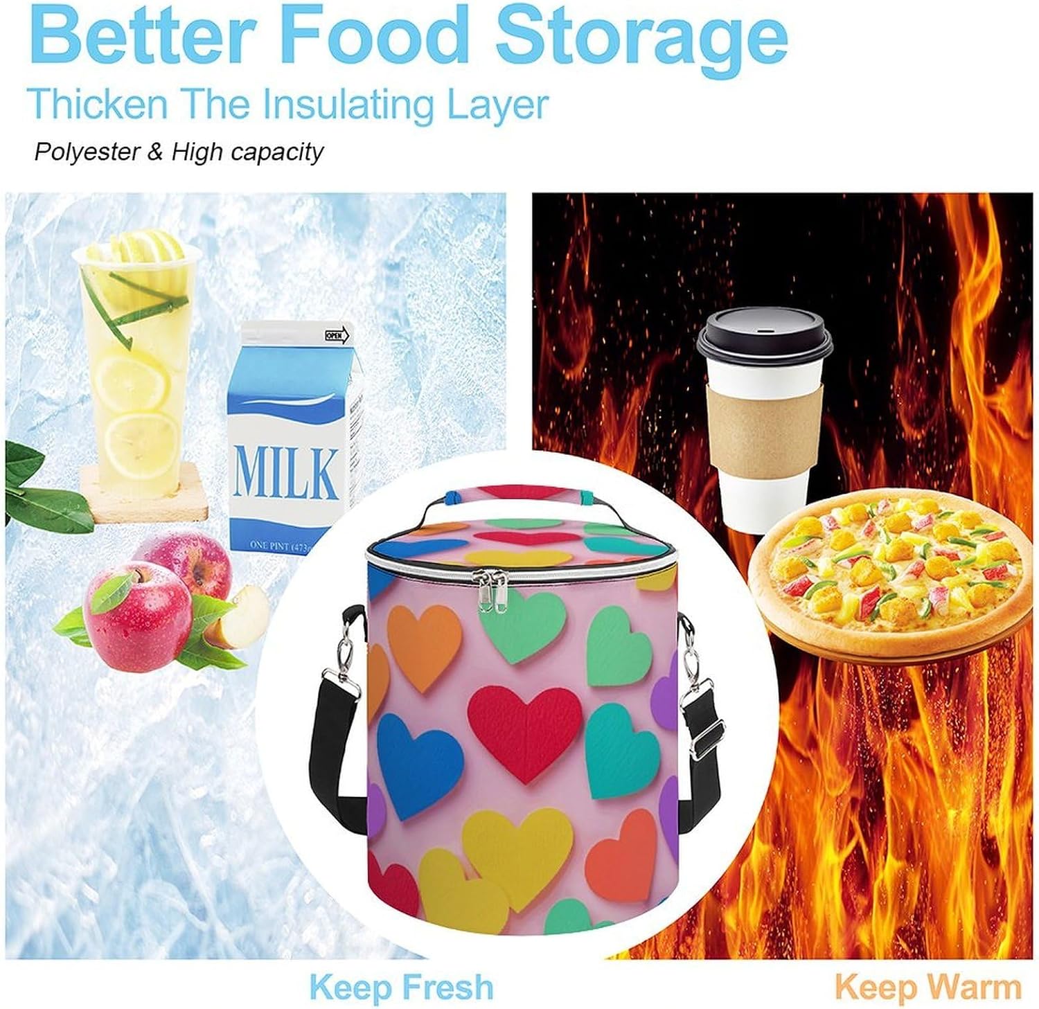 Colored Love Hearts Lunch Bag 15L, Insulated Picnic Basket with Leakproof Design - Large Cooler Tote for Camping, Beach, Hiking & Groceries