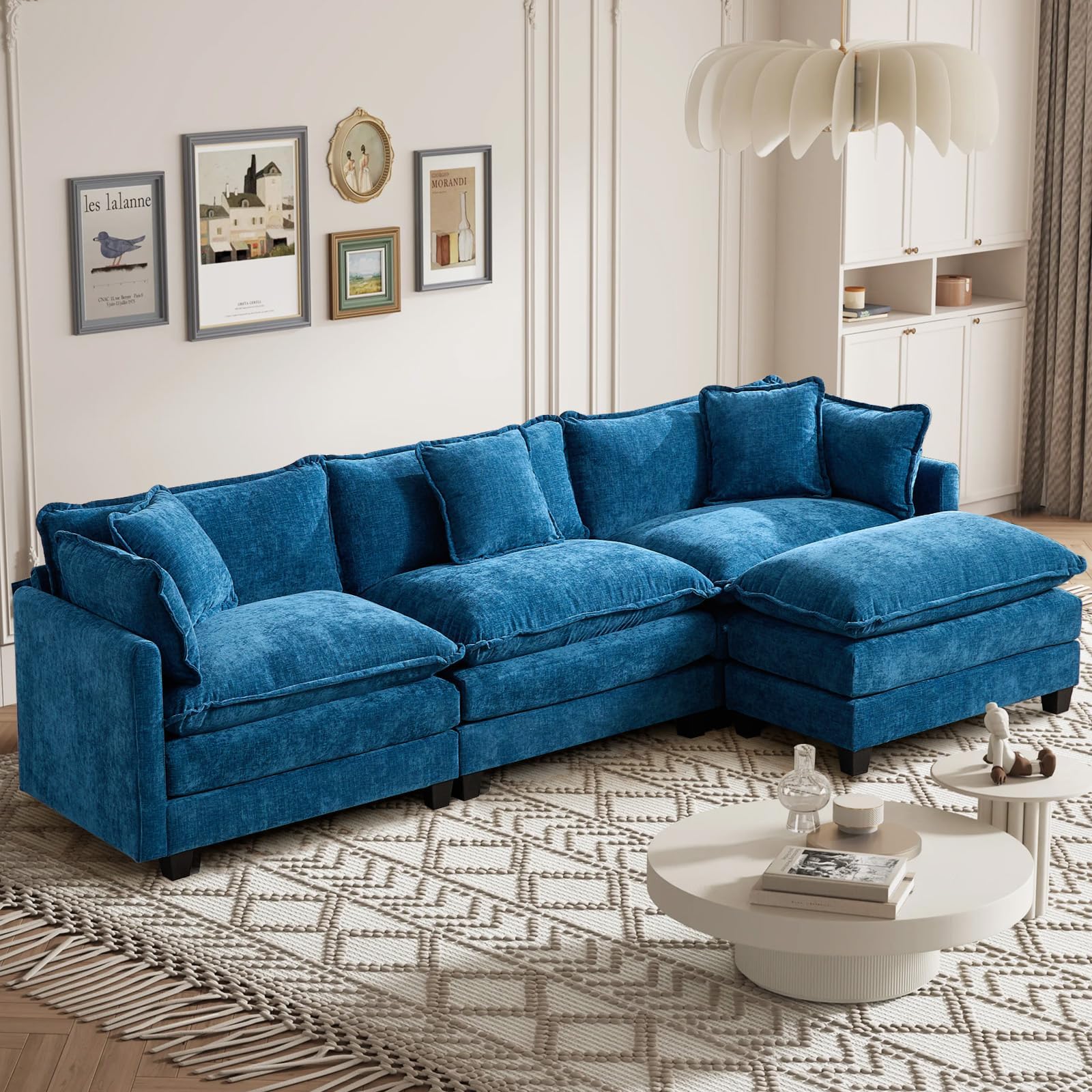 SoarTalent 111.5” Modular Sectional Sofa L-Shaped Convertible Couches, 3 Seater Chenille Deep Seat Cloud Couch with Pillows and 1 Ottoman for Living
